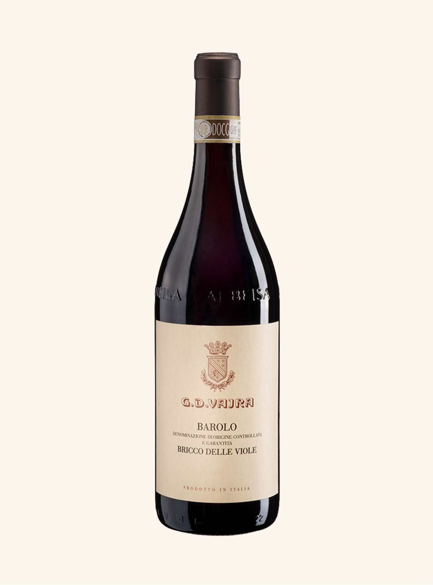 Wine bottle with a visible label branded GD Vajra Barolo bricco delle viole on a white background