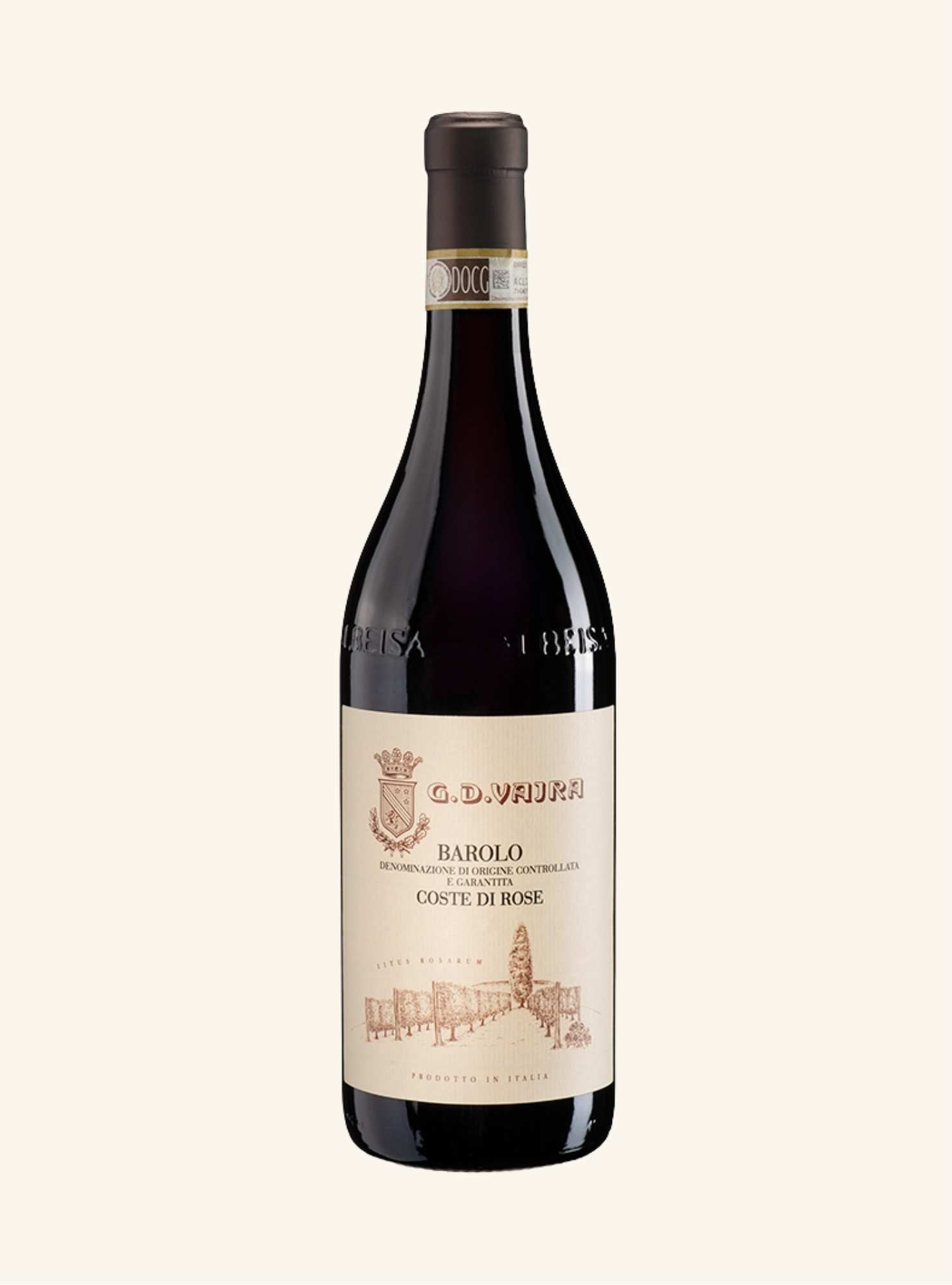Wine bottle with label branded GD Vajra Barolo coste di rose on a white background