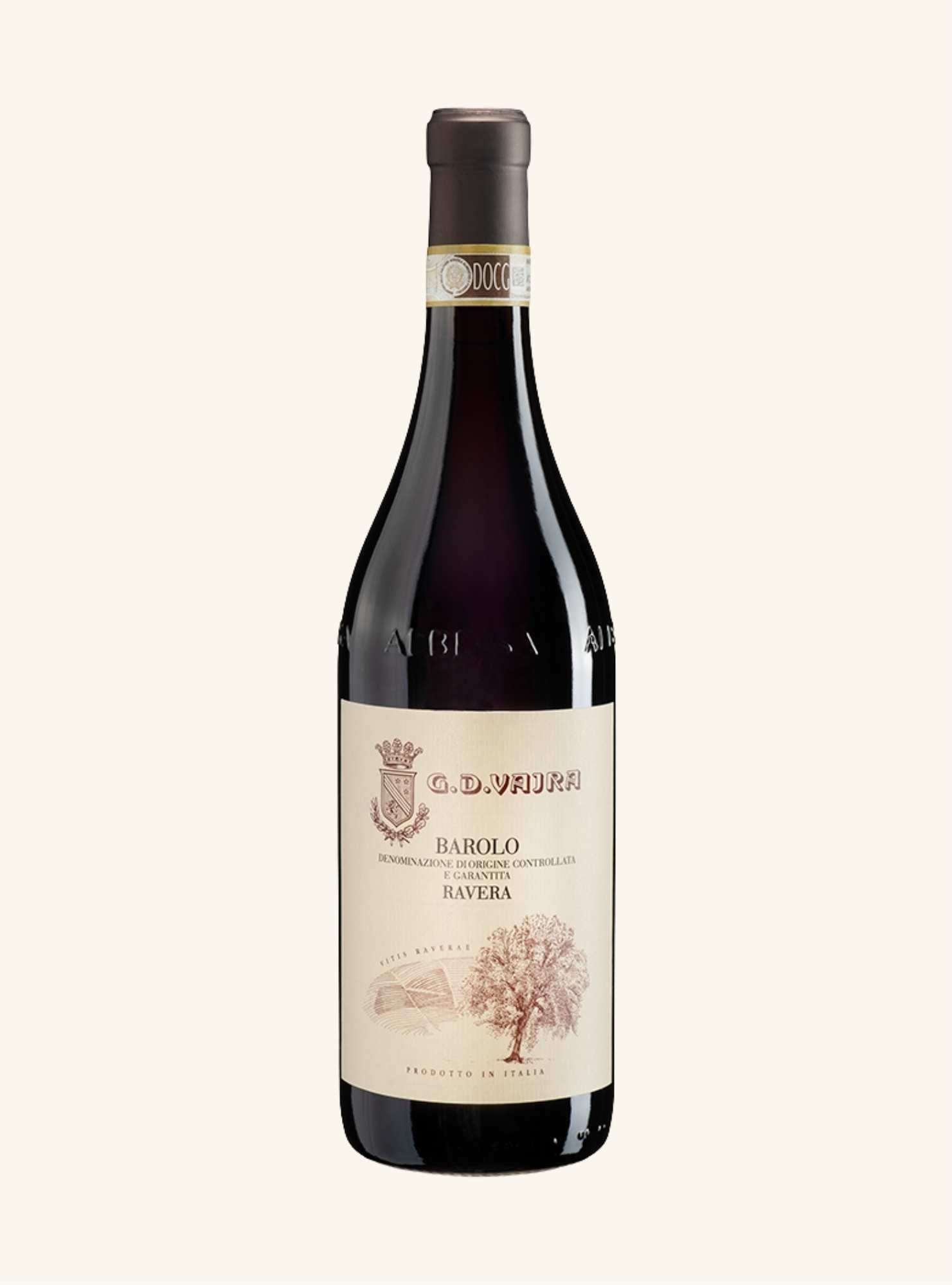 Wine bottle with a label branded GD Vajra Barolo Ravera on a white background
