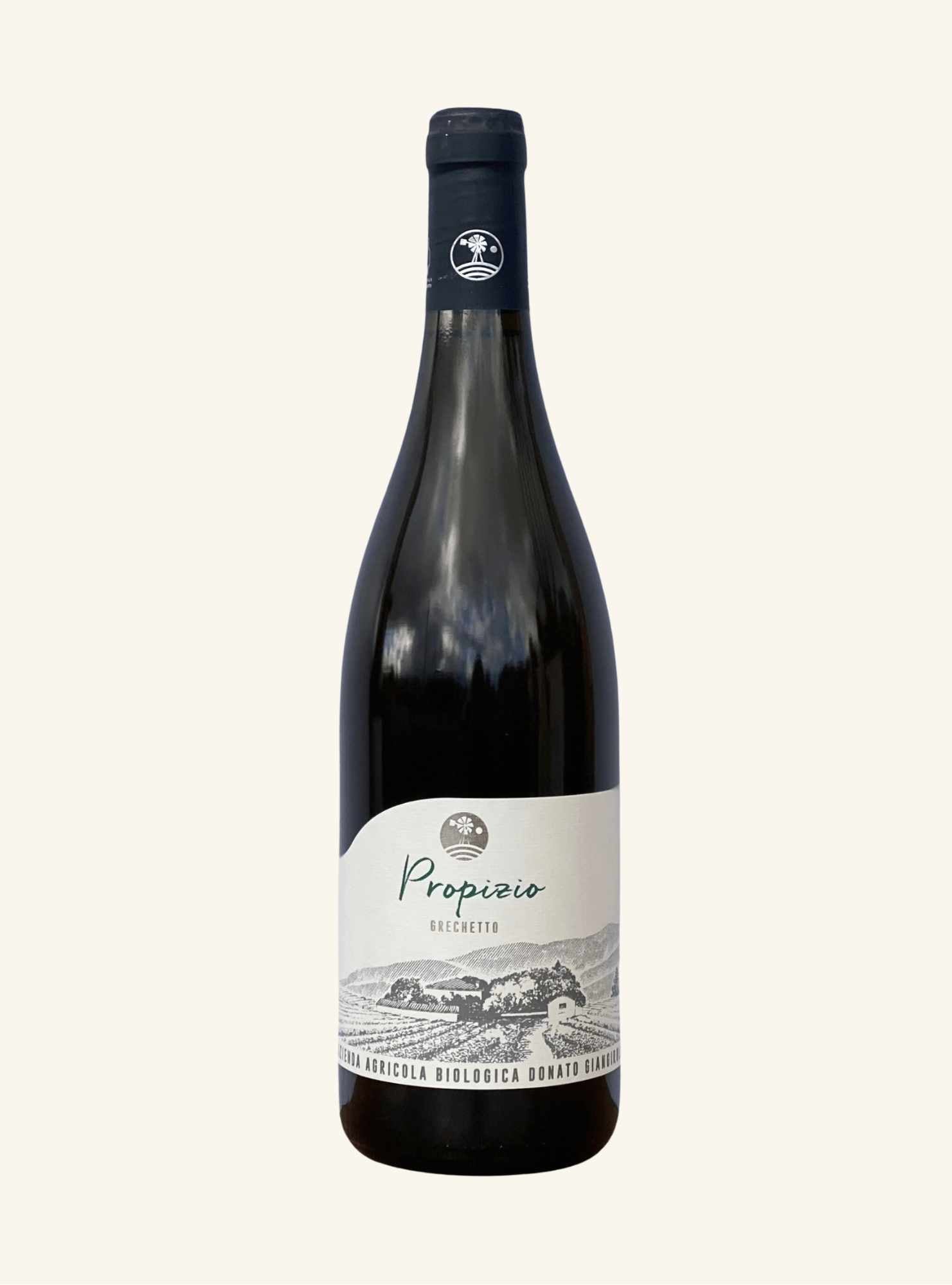 Wine bottle with a label branded propizio grechetto on a white background