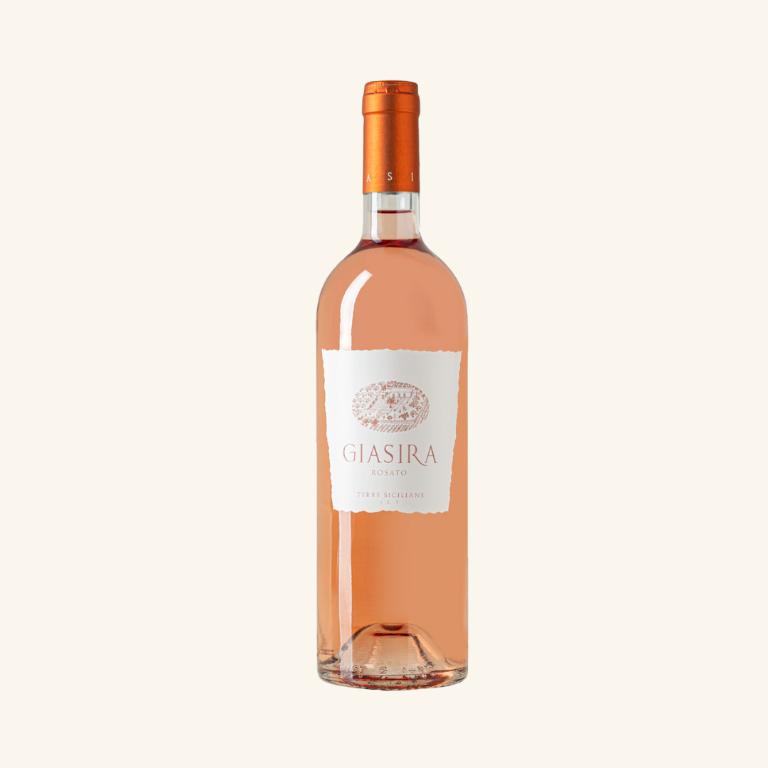 A bottle of Giasira Rosato wine with a pink label and a clear bottle showing the light pink hue of the wine.