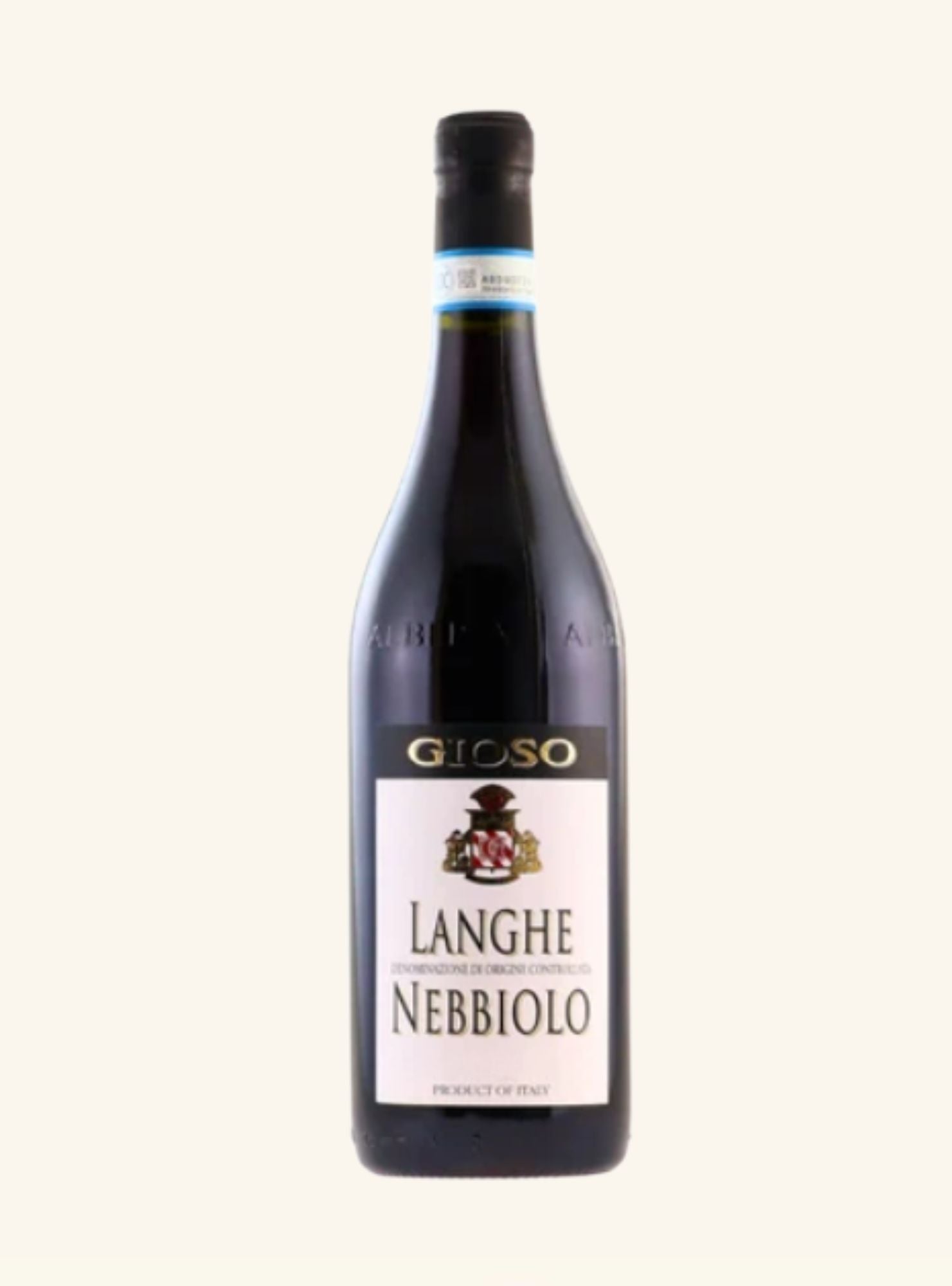 A dark coloured wine bottle with a beige label with black and gold writing set on an off white back ground, 