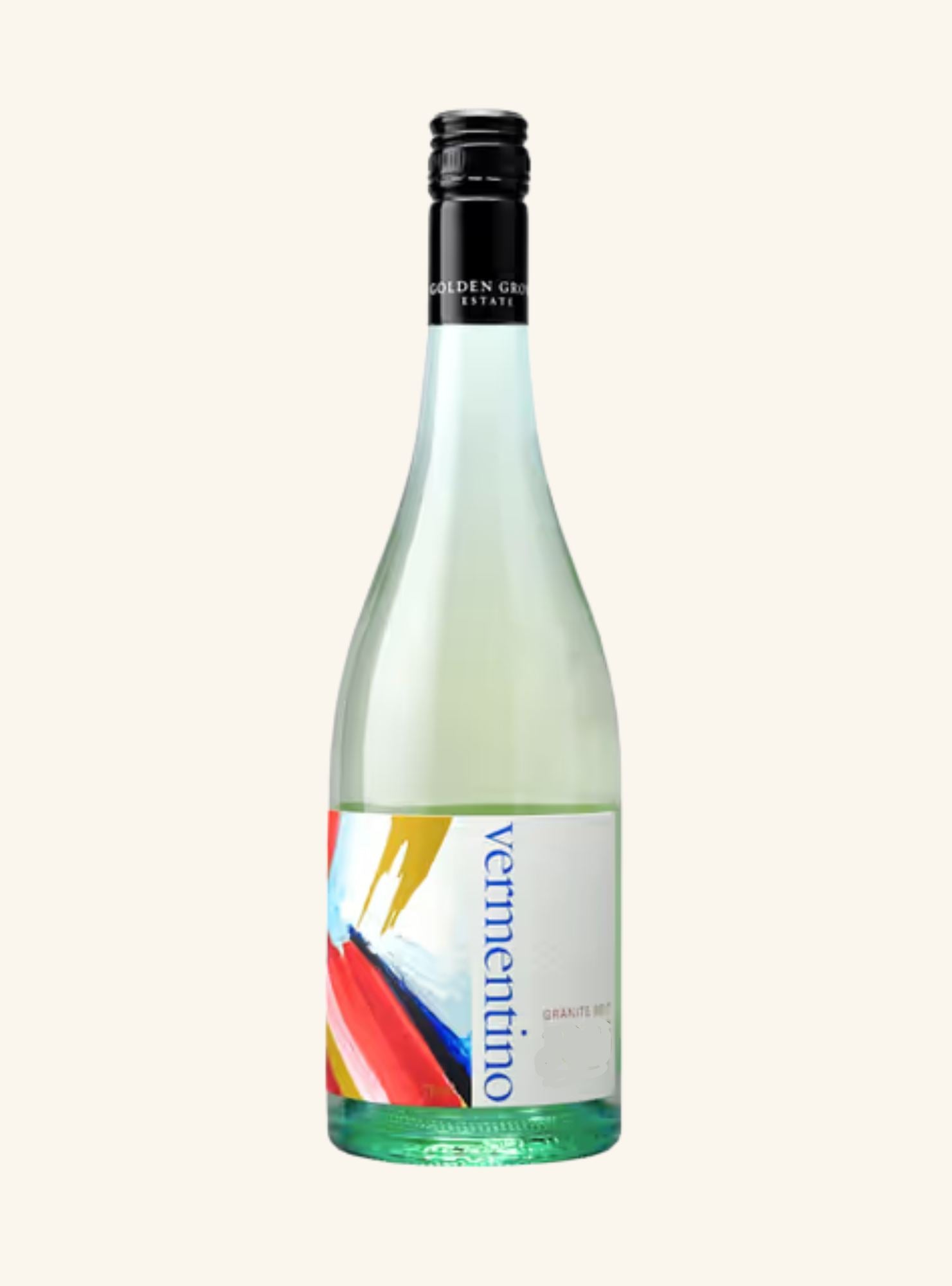 Wine bottle with colorful label with Vermentino Granite belt branding on a white background