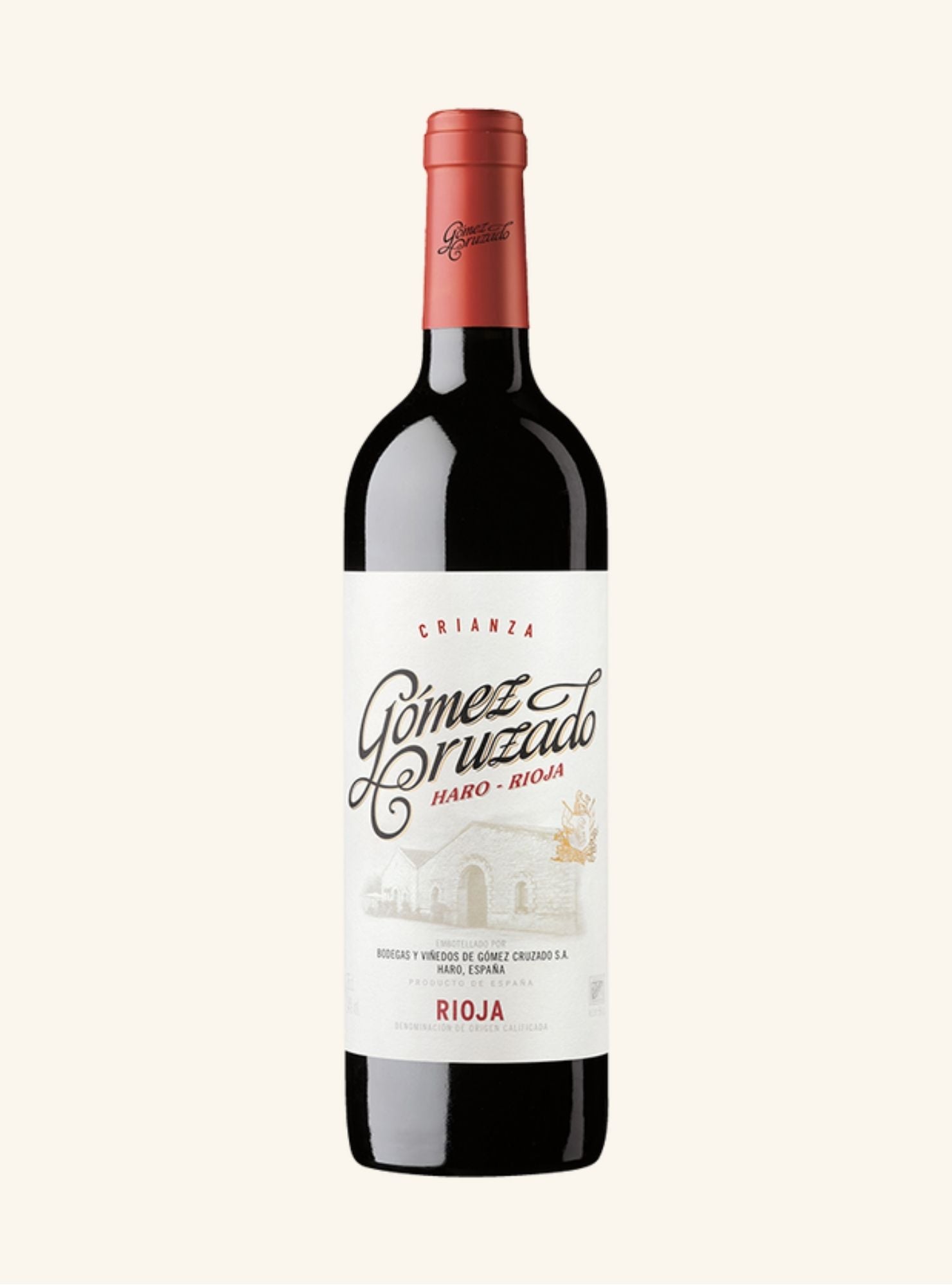 Red wine bottle with a white label with Crianza Gomez Cruzado Rioja written on it, on a white background