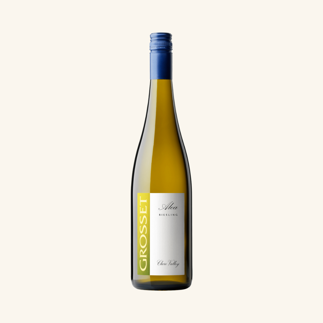 A bottle of Grosset Alea Riesling wine with a white label on a clear background.