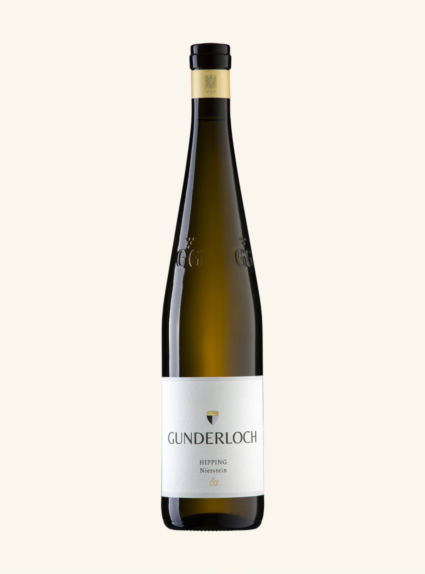 A bottle of Gunderloch Hifting Riesling non-alcoholic wine, featuring a dark green glass bottle with a white label and gold foil accent, set against a solid off-white background.
