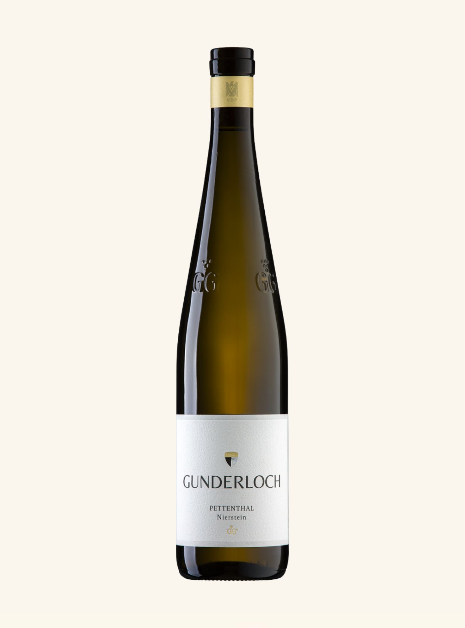 A bottle of Gunderloch Pettenhall Non-alcoholic white wine, featuring a dark green glass bottle with a white label and a gold foil accent near the neck, set against a solid off-white background.