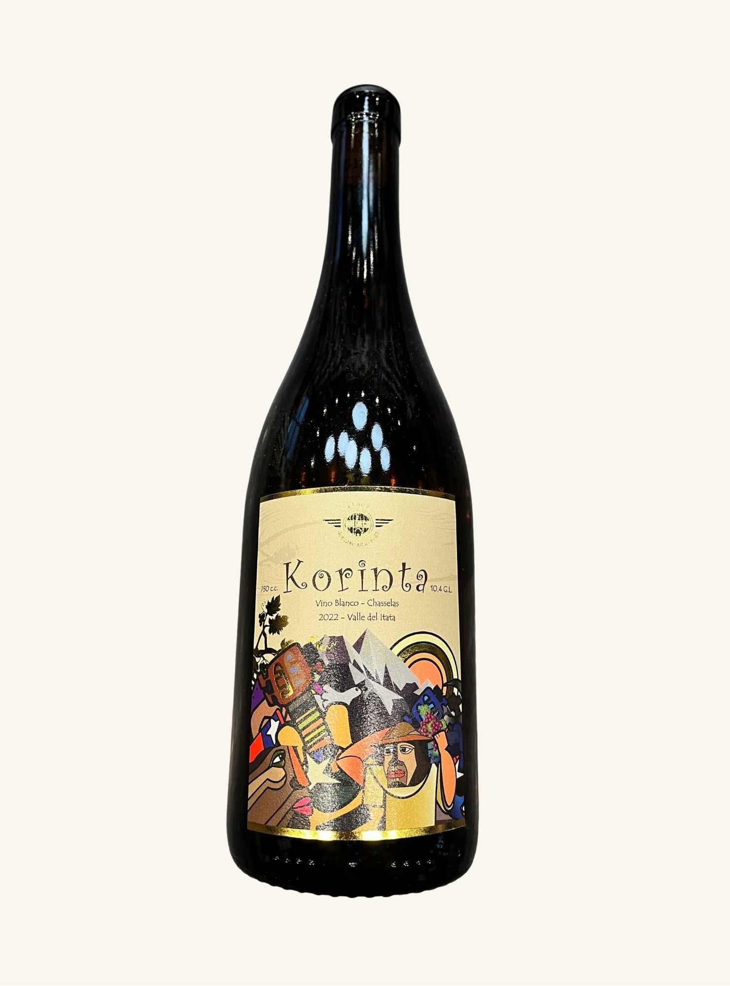 Wine bottle with a colorful label branded korinta on a white background
