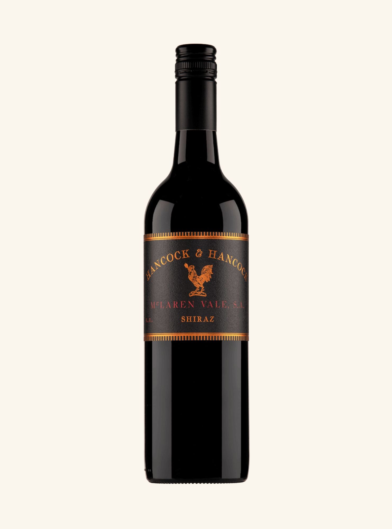 A bottle of Hancock & Hancock Shiraz red wine, featuring a black glass bottle with a black cap and a black label with gold text and a rooster graphic, set against a solid off-white background.