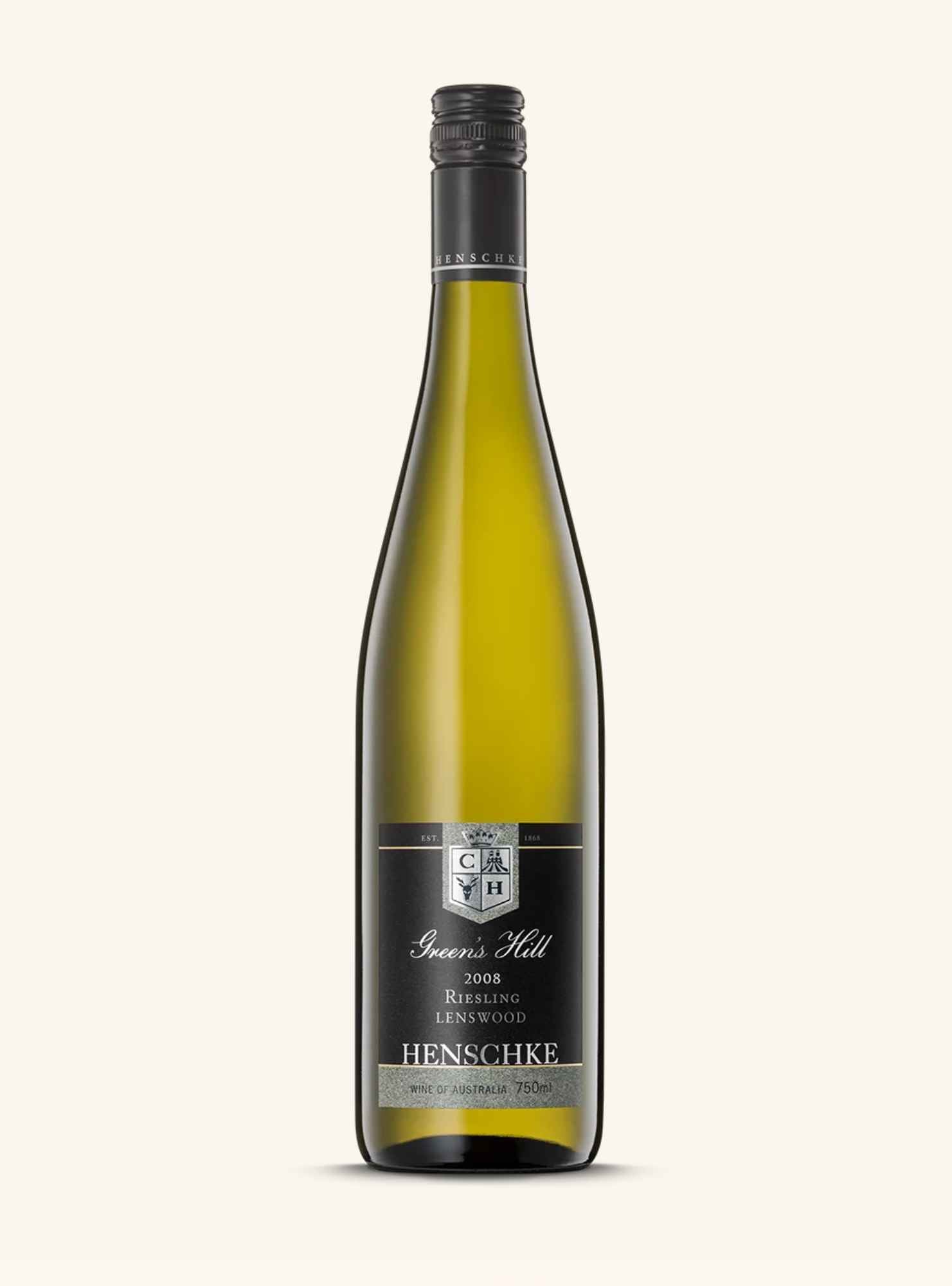 A bottle of Henschke 2008 Reinsteins Leinenwind white wine, featuring a dark green glass bottle with a black label and black screw cap, set against a solid off-white background.