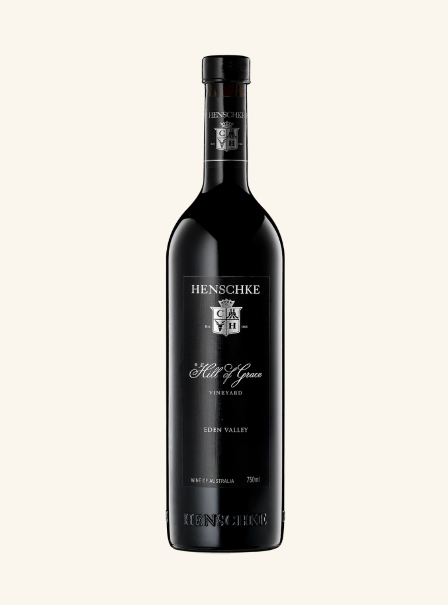 Henschke hill of grace eden valley wine bottle on a white background