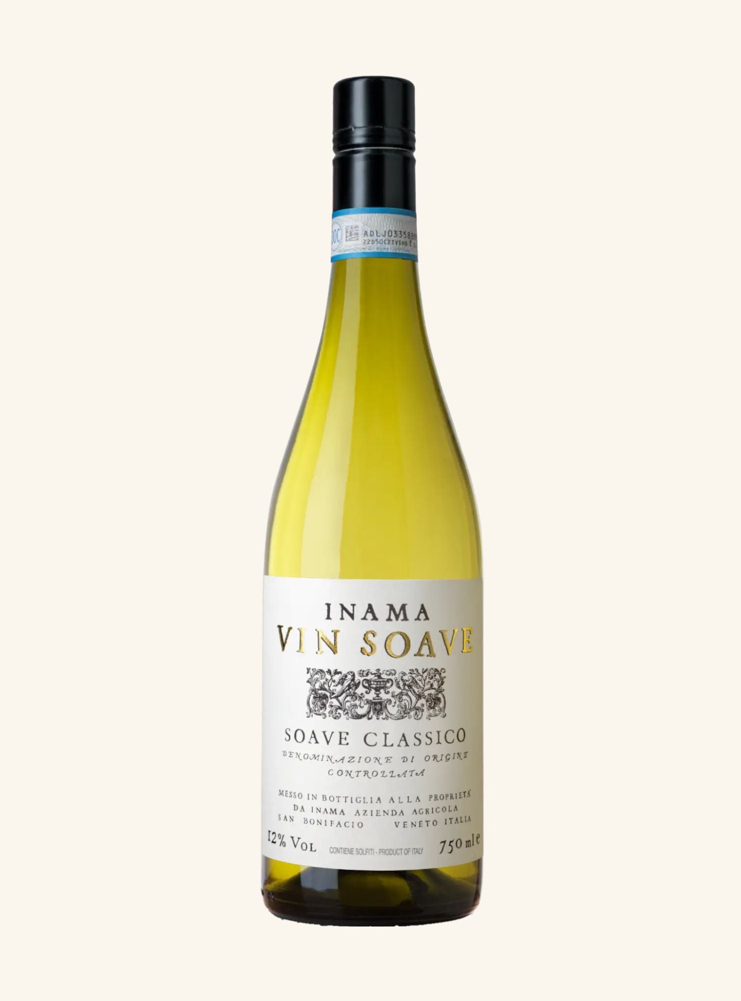 A bottle of Inama Vin Soave Soave Classico white wine, featuring a pale yellow-green glass bottle, a cream-colored label with gold lettering, and a black screw cap, set against a solid off-white background.