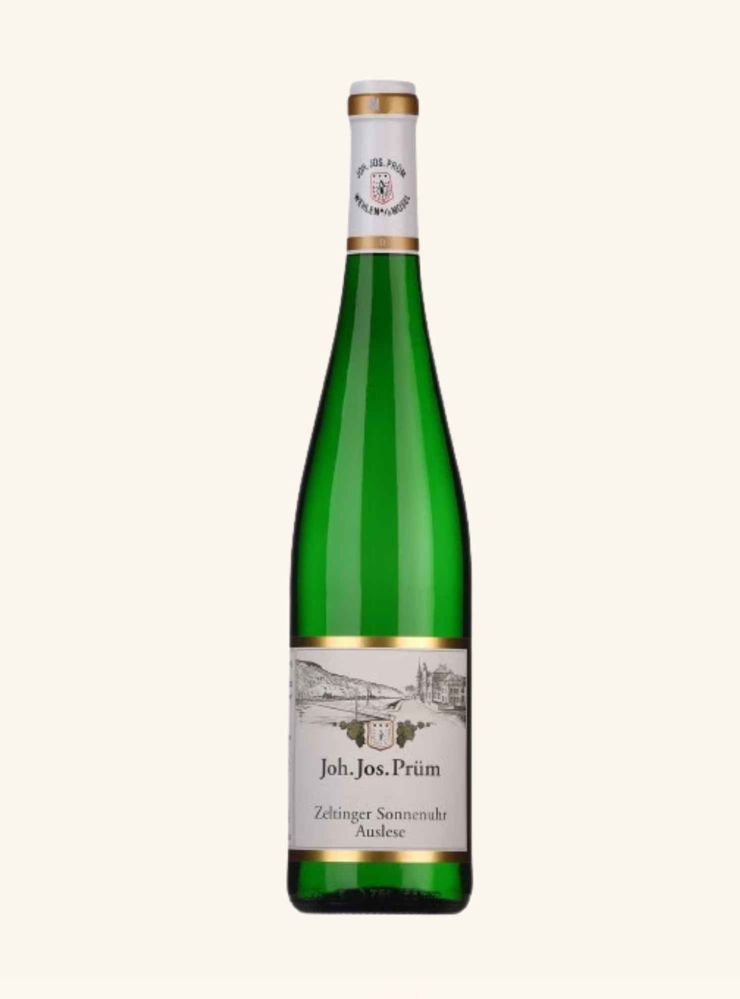 A green glass bottle of Joh. Jos. Prum zeltinger sonnenuhr auslese with a white label and cap on a off-white background.