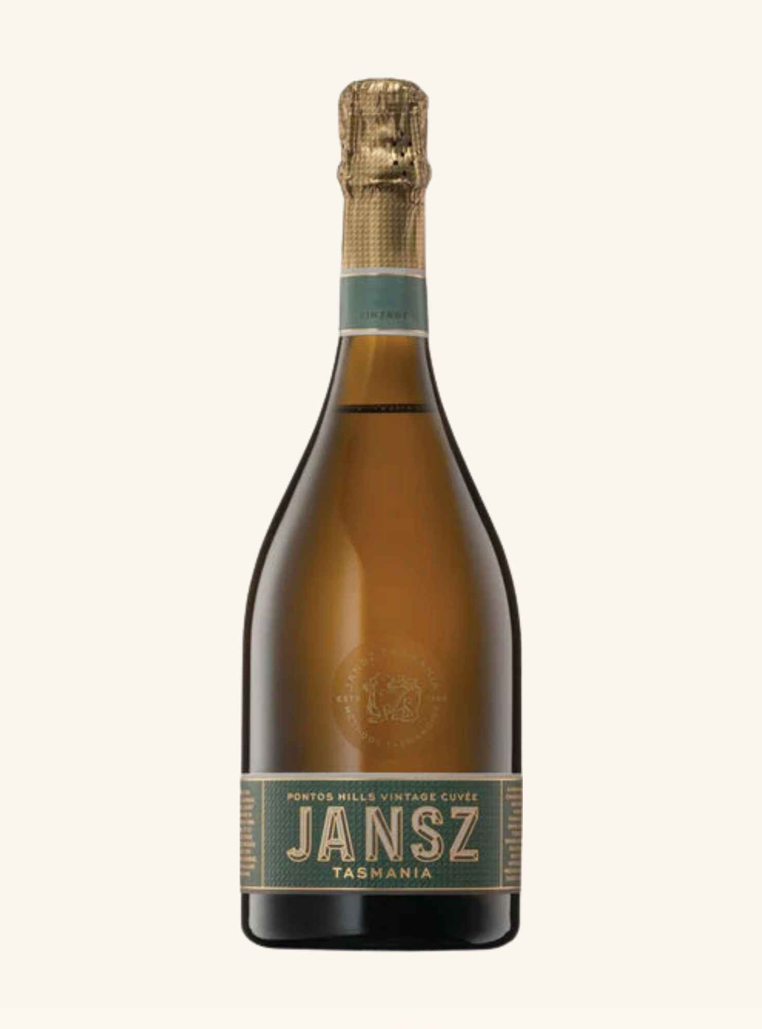 A bottle of Jansz Vintage Cuvée sparkling wine from Tasmania, featuring a dark brown glass bottle, gold foil on the neck, and a dark olive green label with gold lettering, set against a solid off-white background.