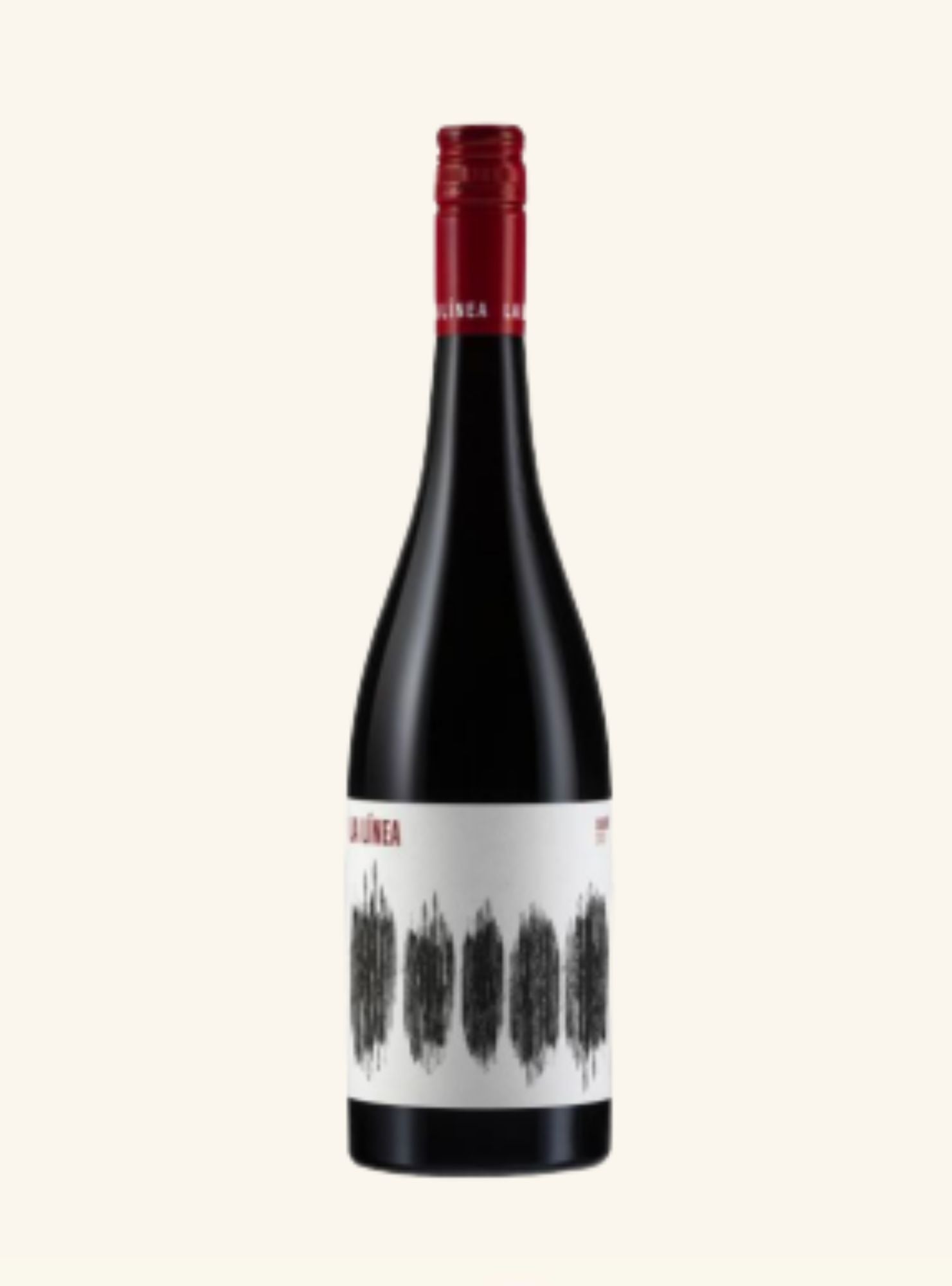 A dark coloured wine bottle with a red crew cap, a white label with red writing, set on an off white background.