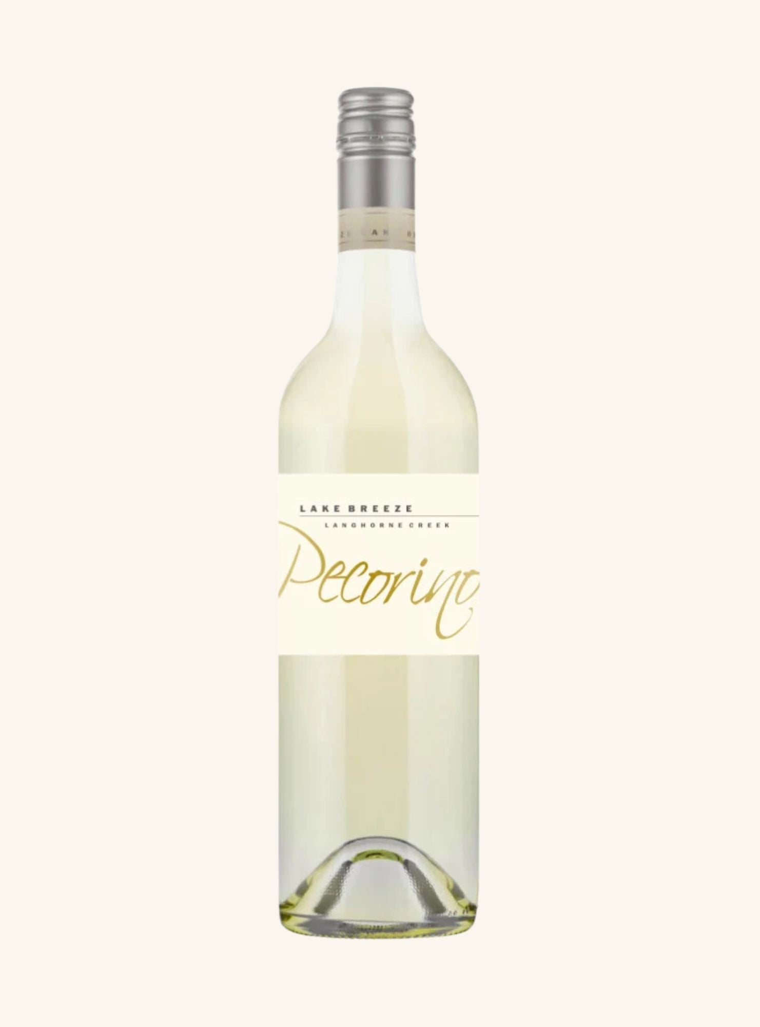 Wine bottle labeled 'Lake Breeze Pecorino' on a white background