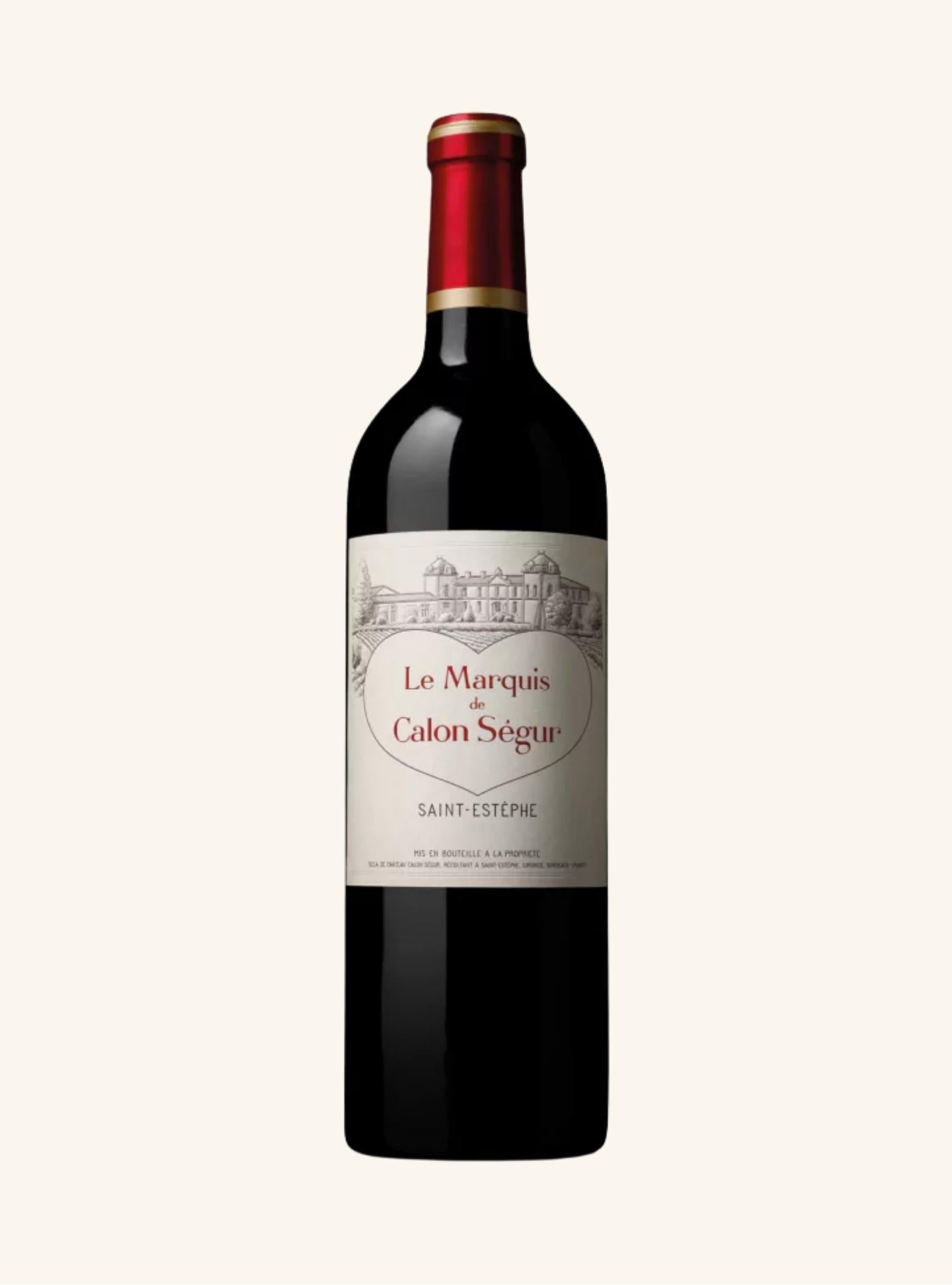 Red wine bottle with 'Le Marquis de Calon Segur' label on a white background