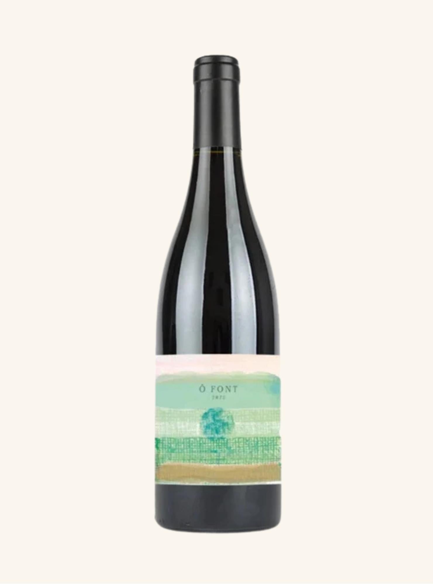 A dark glass wine bottle with a black capsule and a pastel green and beige landscape label reading 'O FONT', centered on a light cream background.