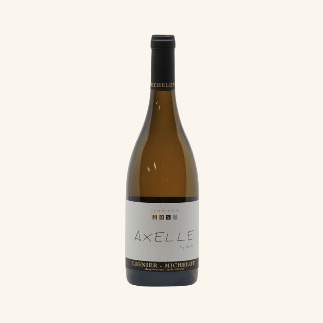 Wine bottle labeled 'Axelle' with the producers name lignier-Michelot on a white background