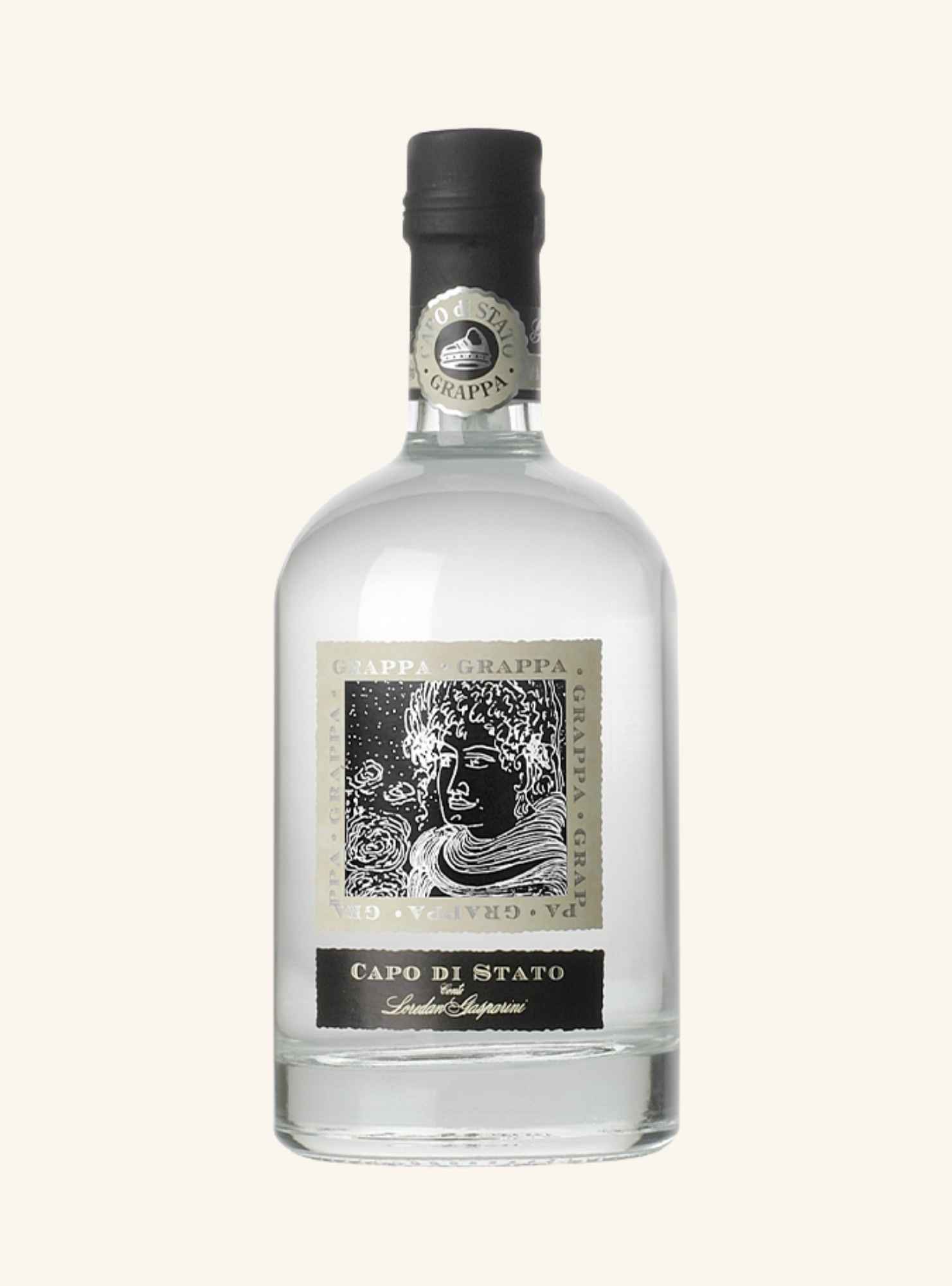 clear bottle of grappa by loredan gasparini called capo di stato on a white background.