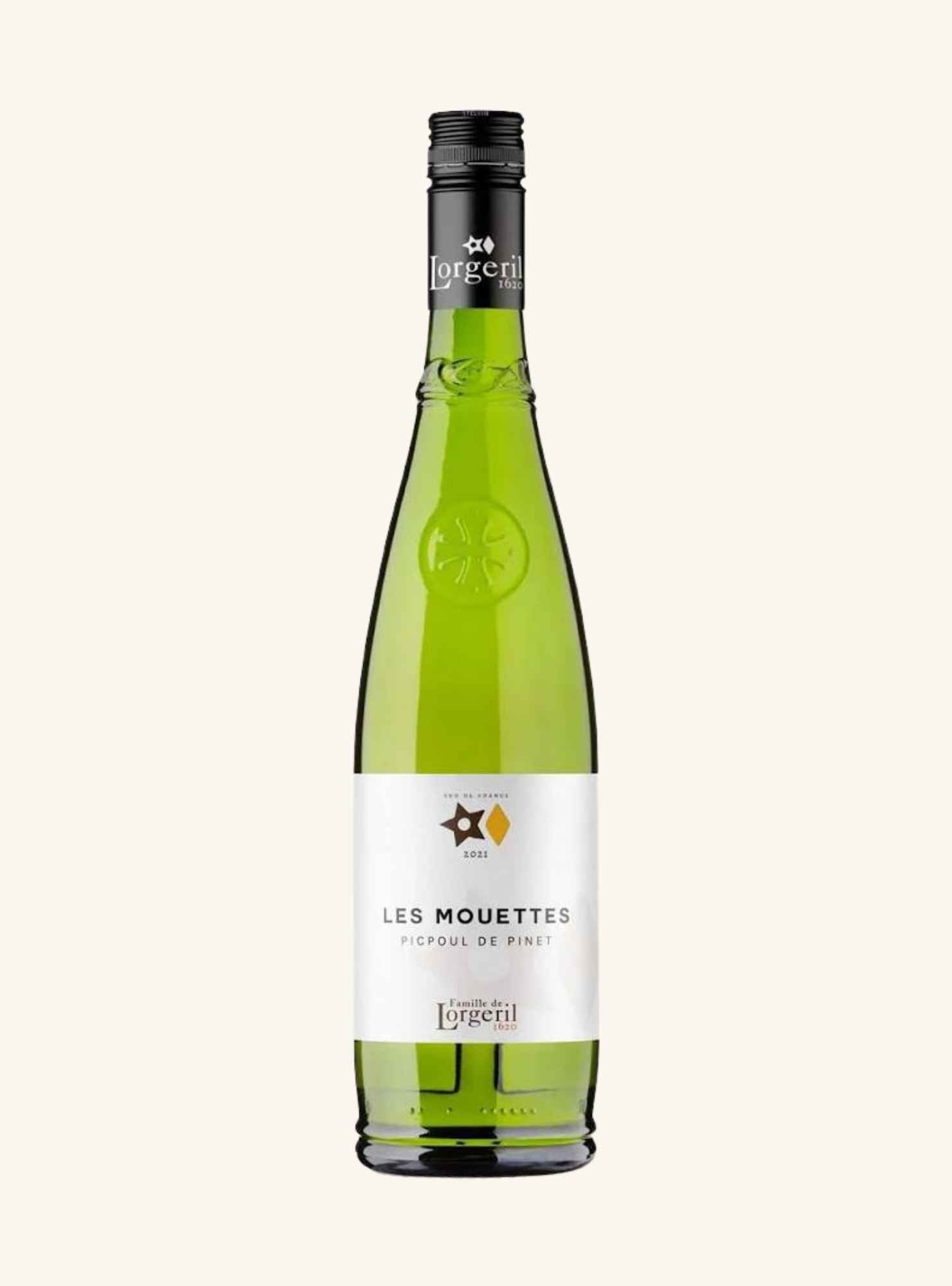 A bottle of green wine with a white label reading 'LES MOUETTES' and 'Picpoul de Pinot' by the brand 'L'argent', set against a solid cream background.