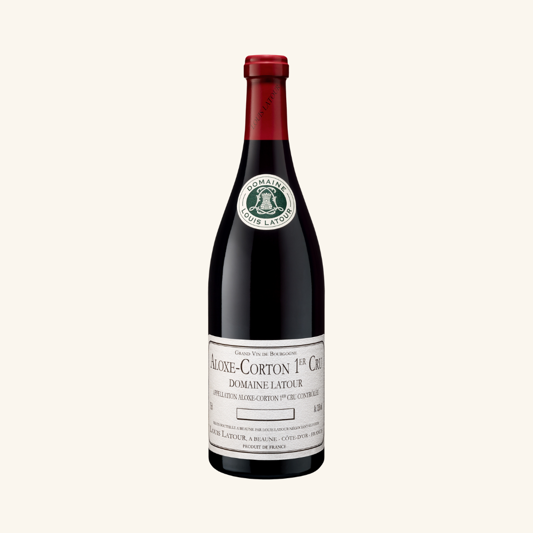 A bottle of Louis Latour Aloxe-Corton Domaine Latour wine with a red label and a cork closure.