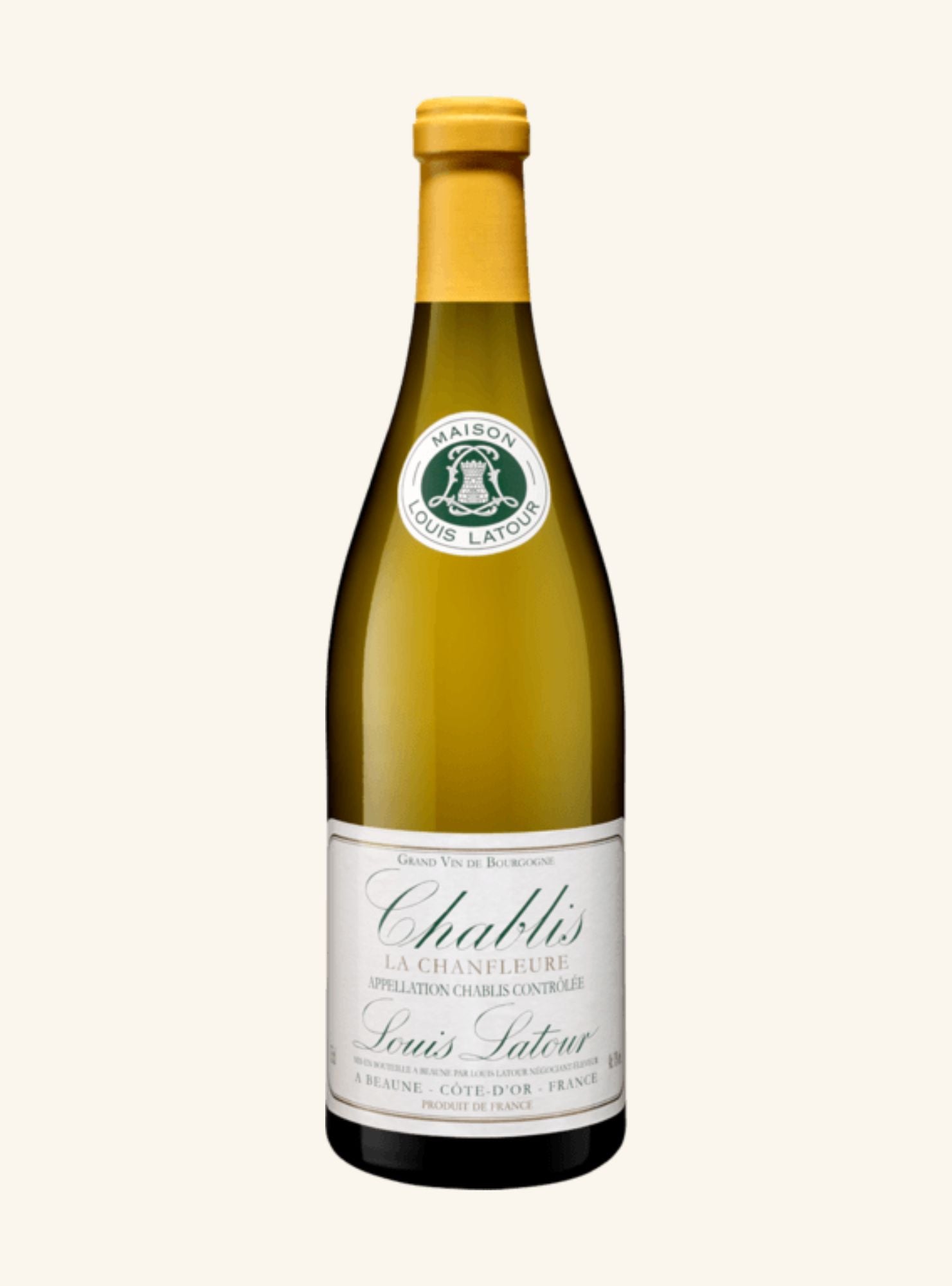 A bottle of Louis Latour Chablis La Chanfleuri white wine, featuring a gold foil top, a white paper label with elegant script, and a green circular seal on the neck, set against a solid off-white background.