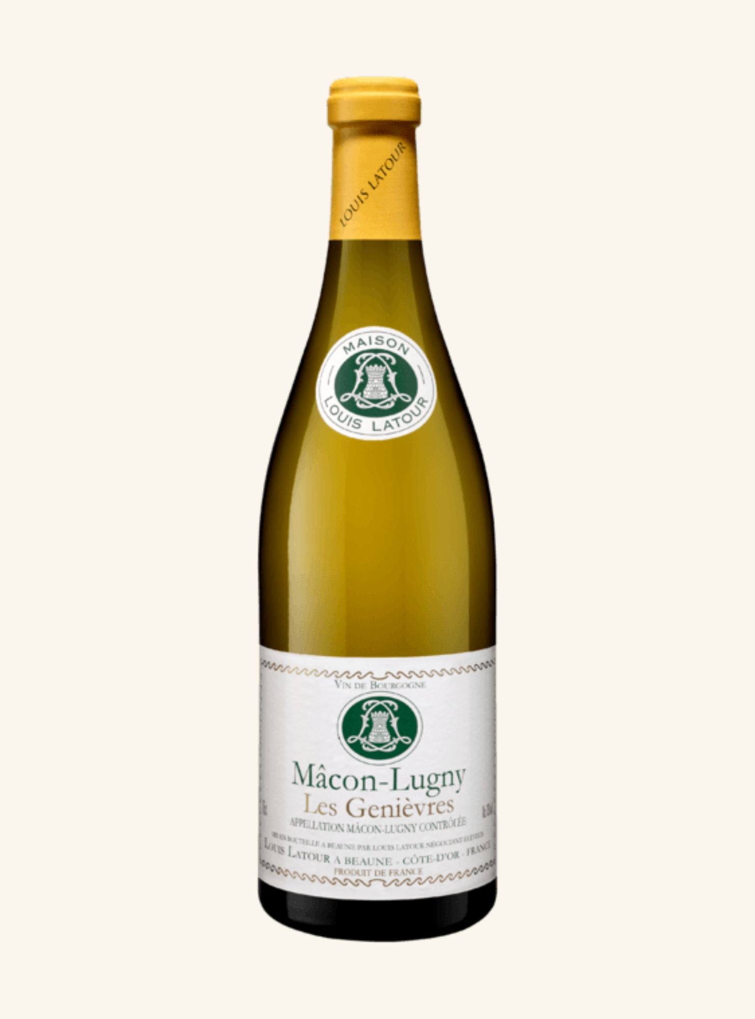 A bottle of Louis Latour Mâcon-Lugny Les Genièves white wine on a light cream background.
