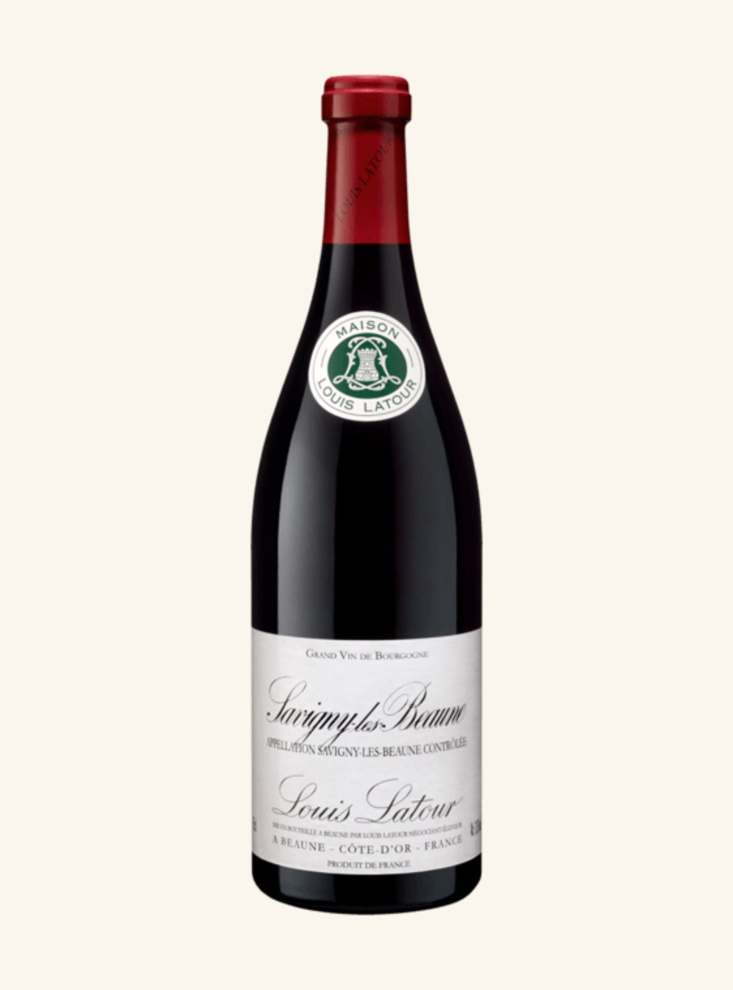 A bottle of Louis Latour Savigny-les-Beaune red wine, featuring a dark glass bottle with a red foil top and a white label, set against a solid off-white background.