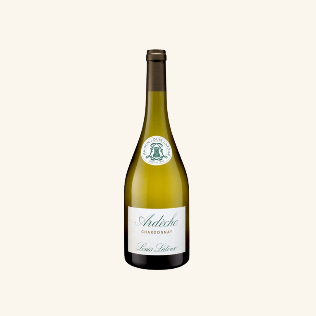 Bottle of Maison Louis Latour Ardeche Chardonnay wine against a plain background.