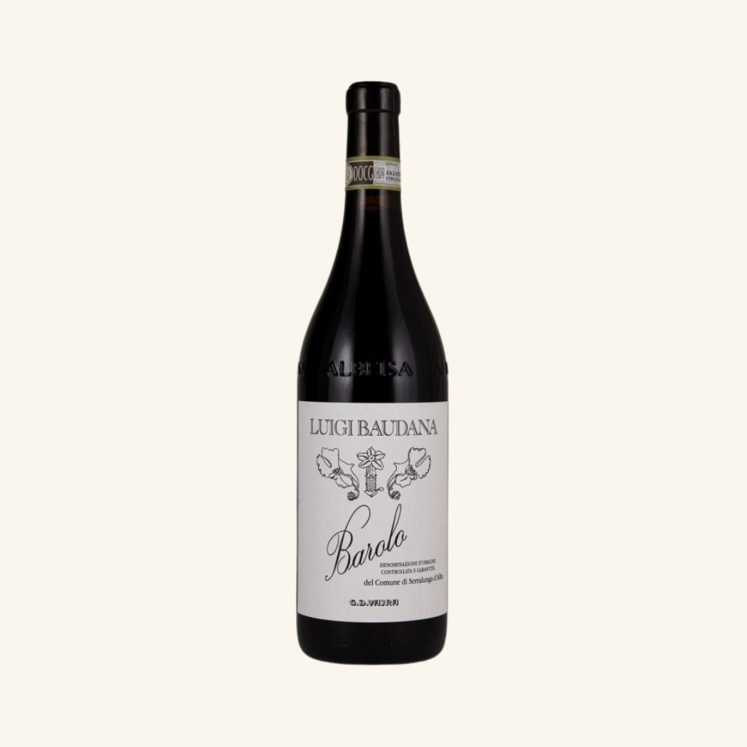 Wine bottle with label branded luigi baudana barolo on a white background