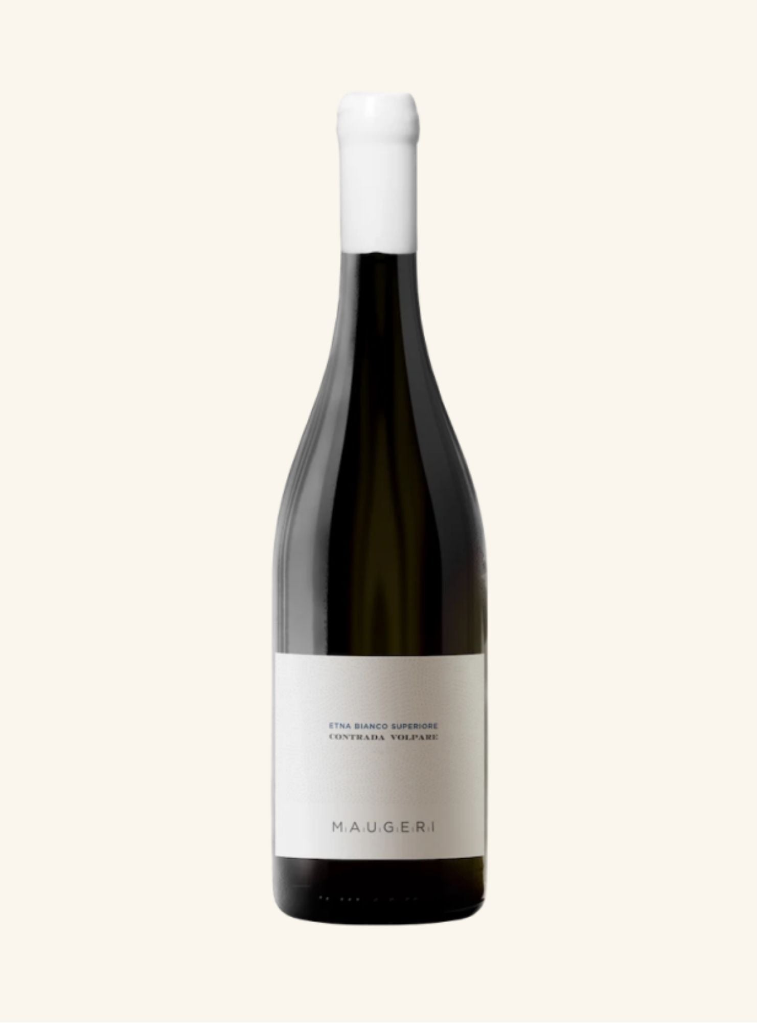 A single bottle of Maugeri wine with a dark green glass body, a white label, and a white capsule, centered on a solid off-white background.