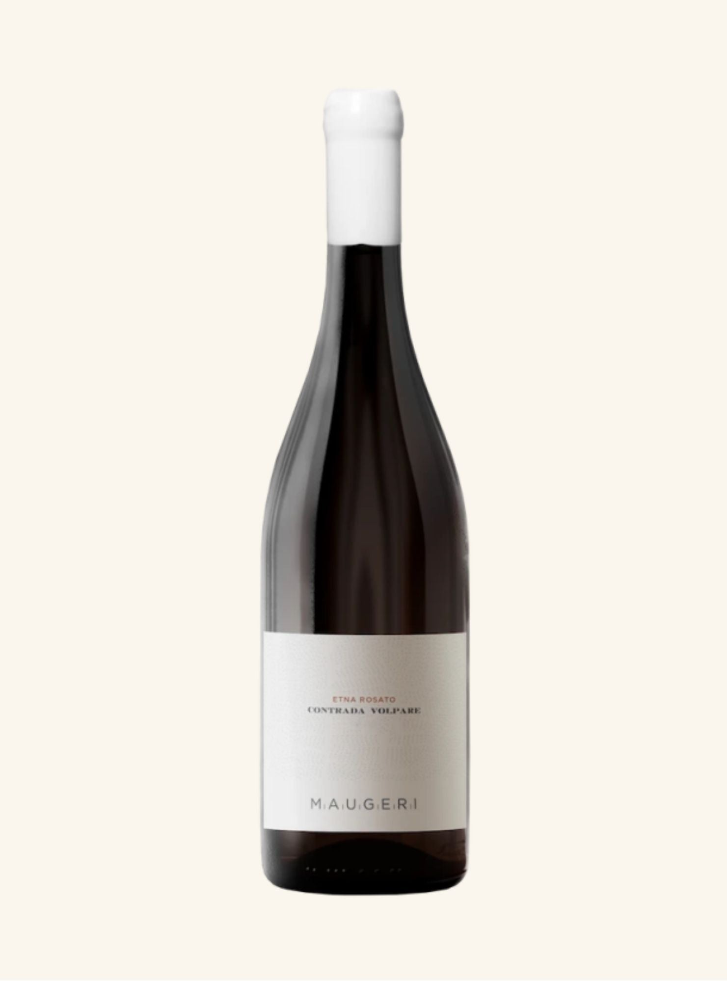 A bottle of Maugeri wine with a dark glass body, a white label, and a white capsule, centered on a light cream background.