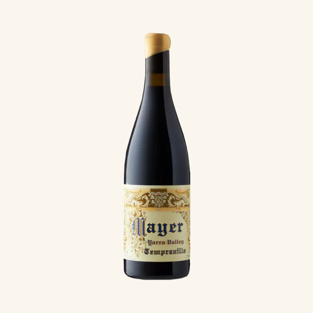 A bottle of Mayer Tempranillo red wine with a label indicating it is a product from Yarra Valley, VIC, Australia.