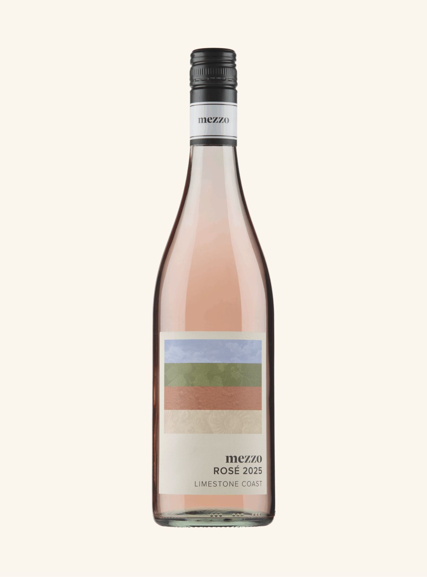 A bottle of Mezzo Rosé 2025 white wine on a solid off-white background. The bottle is filled with pale pink rosé wine, featuring a minimalist label with horizontal stripes in blue, green, beige, and terracotta, and a black screw cap.