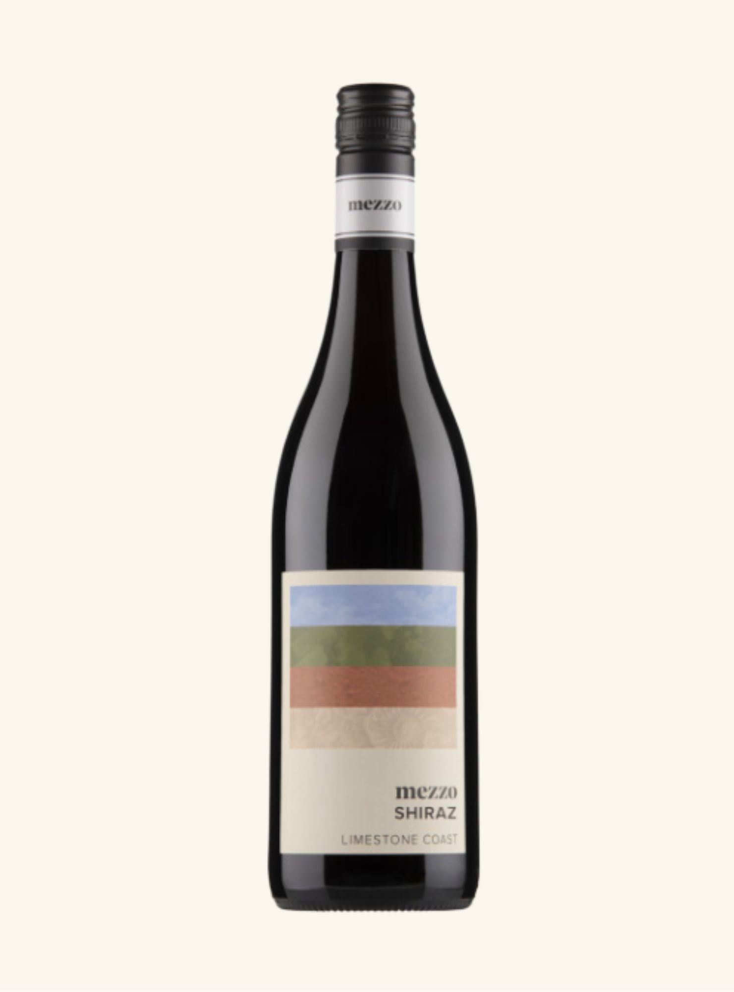 A dark wine bottle with an off-white label with blue, green, red and beige stripes and black writing. 