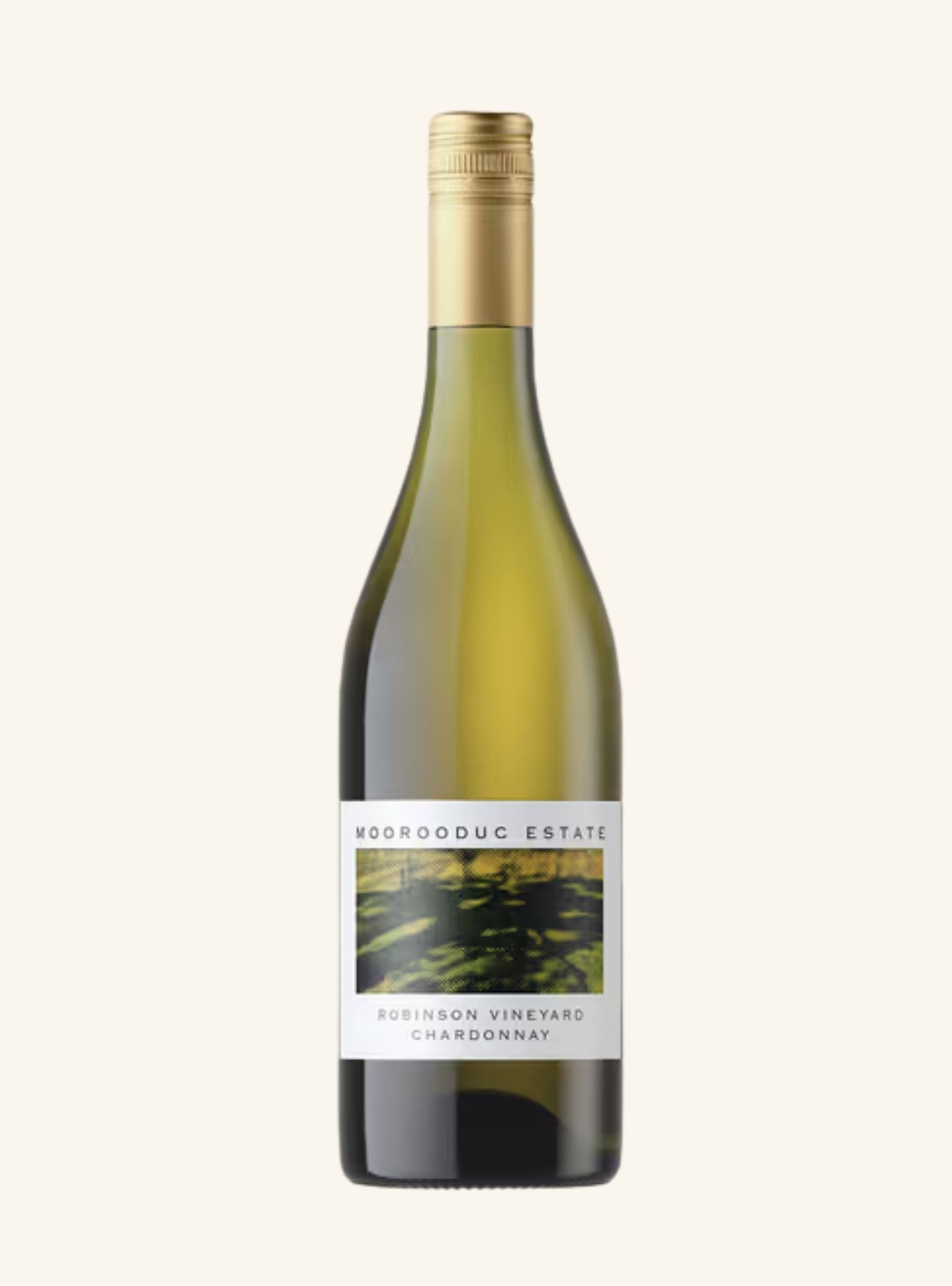 Light green wine bottle with gold lid and white and green label set on an off-white background.