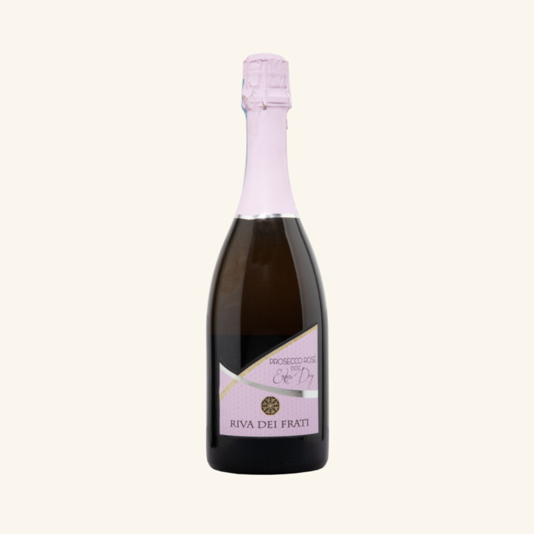 A bottle of NV Riva Dei Frati Prosecco Rosé with a label that includes the name of the wine and the brand.