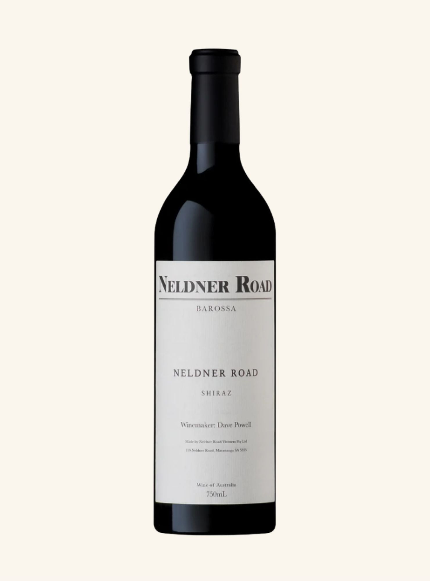 A single bottle of Neldner Road Barossa Shiraz wine, featuring a dark glass bottle with a black capsule and a white label, centered against a solid off-white background.