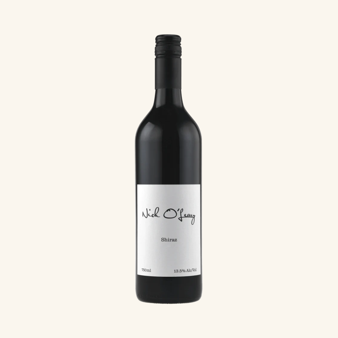 A bottle of Nick O'Leary Shiraz wine with a white label on a plain background.