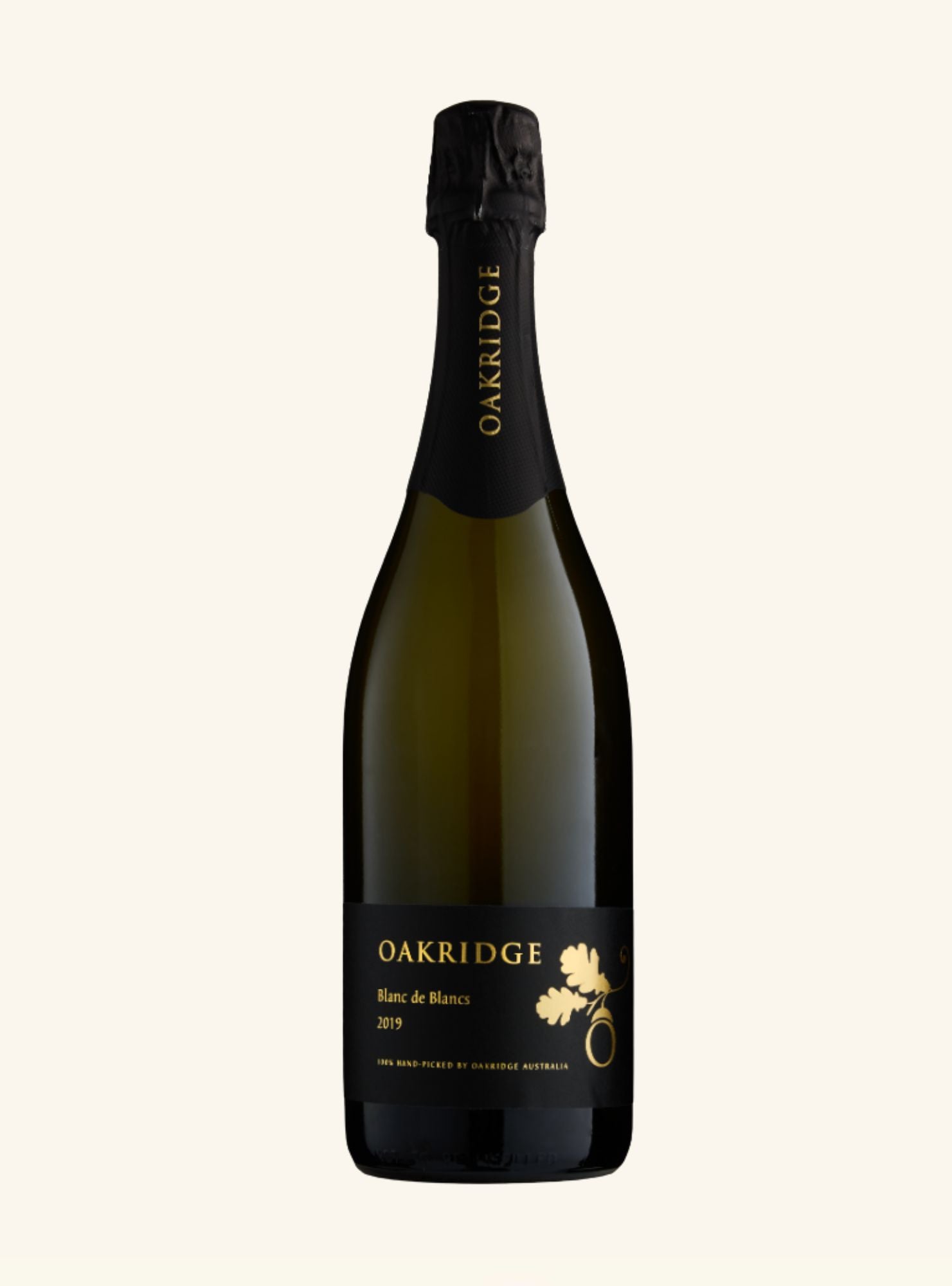 A dark coloured wine bottle with a black label and gold writing set on an off white background.   
