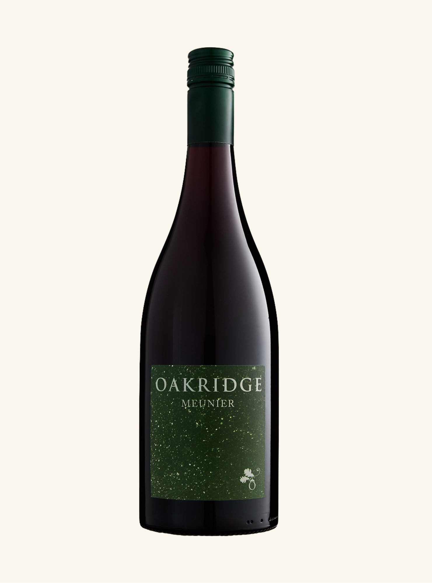 A bottle of Oakridge Meunier wine with a dark green label and a dark green screw cap, shown against a solid off-white background.