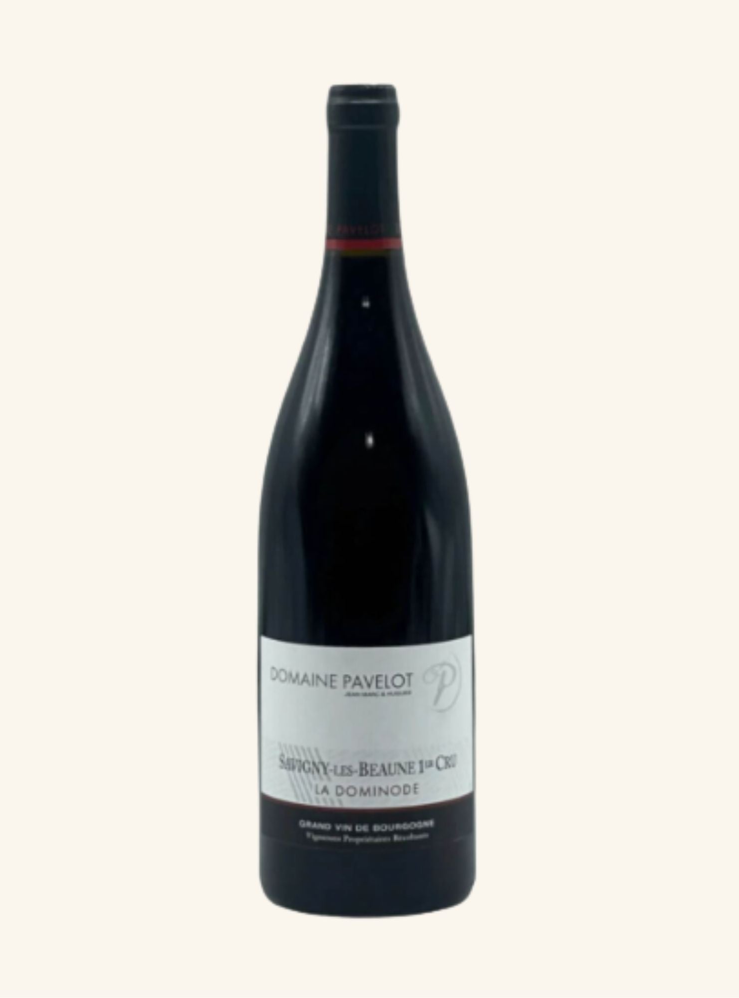 A dark coloured wine bottle with a white label and black writing set on an off white background.