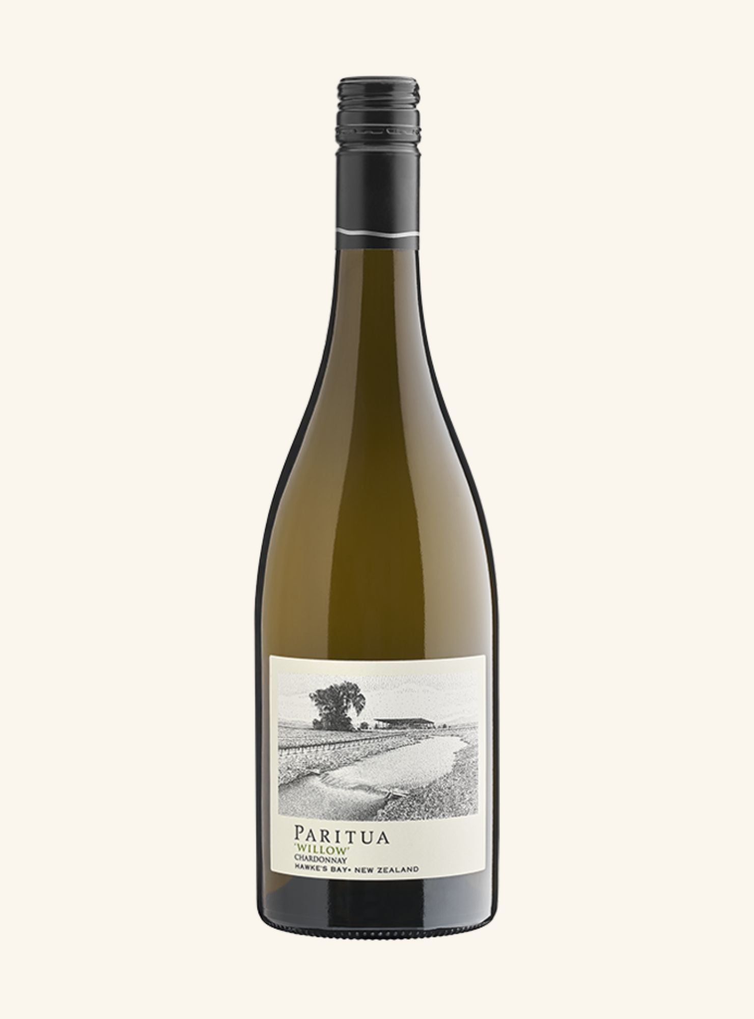 A bottle of Paritua Sauvignon from Hawke's Bay, New Zealand, featuring a dark olive-green glass bottle with a black screw cap and a white label depicting a vineyard landscape.