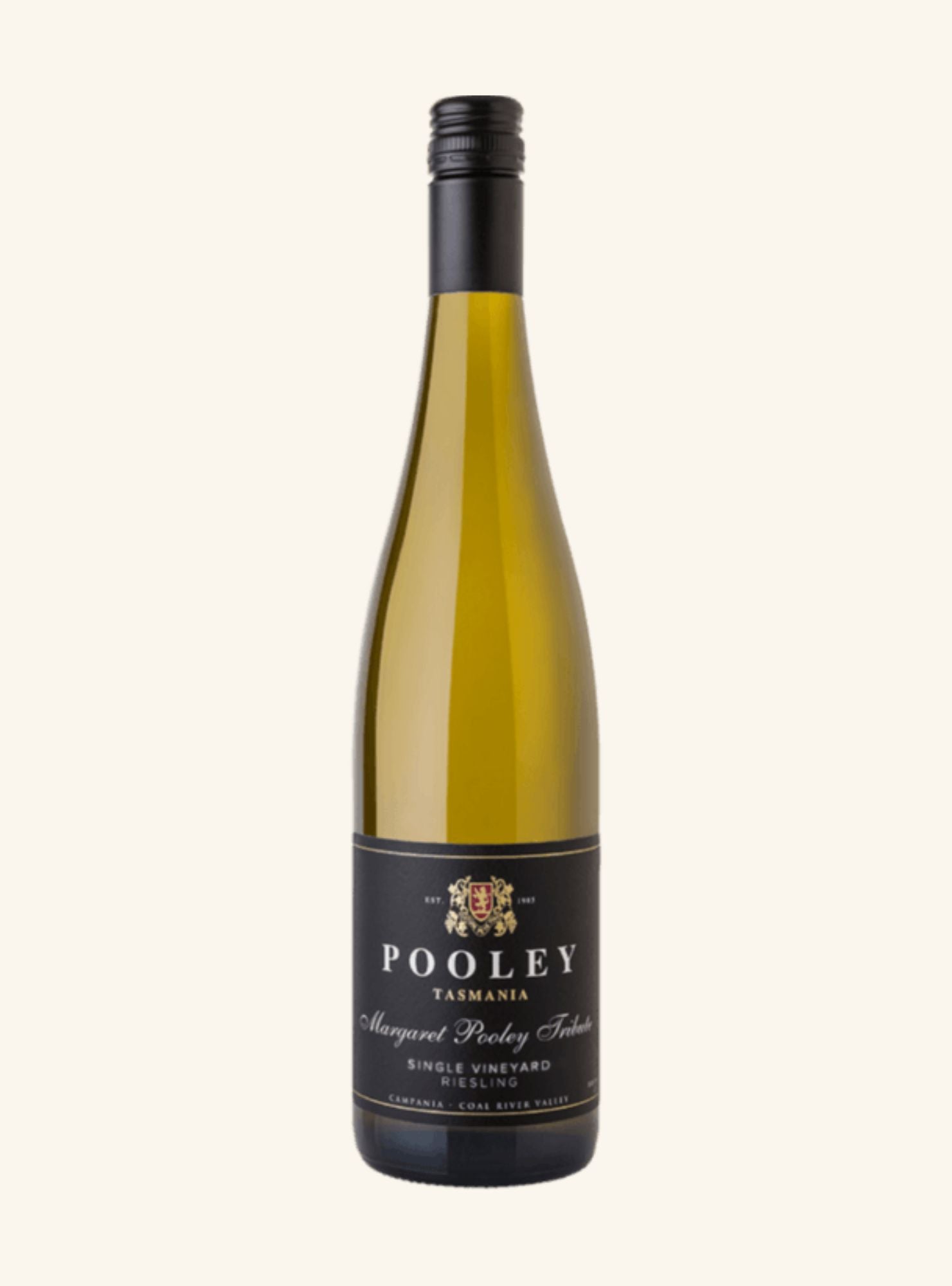 A bottle of Pooley Tasmania Margaret Pokley Estate Single Vineyard Riesling, featuring a dark green glass bottle with a black label and black screw cap, set against a solid off-white background.