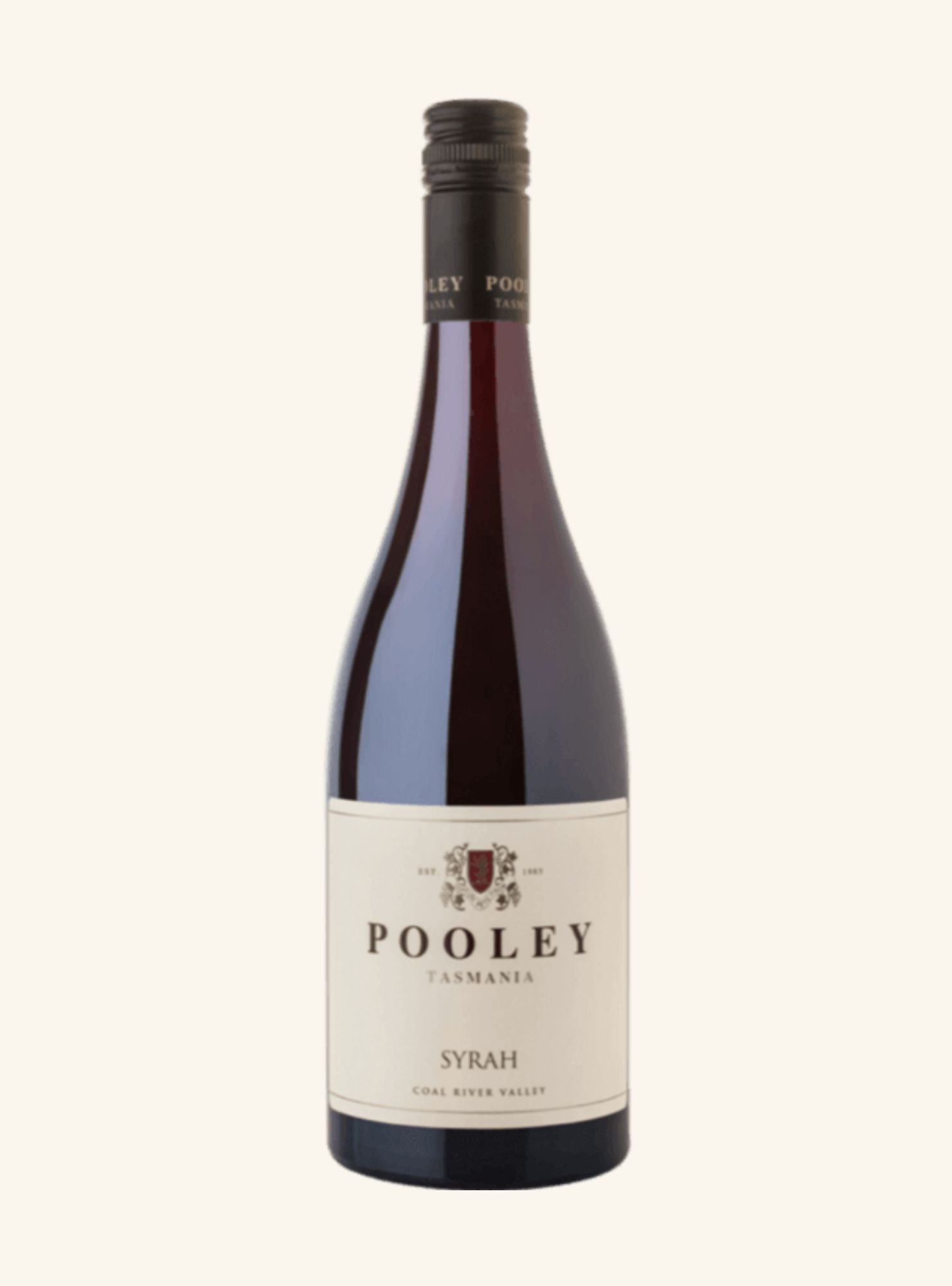 A bottle of Pooley Tasmania Syrah red wine, featuring a dark glass bottle with a cream-colored label and a black capsule, set against a solid off-white background.
