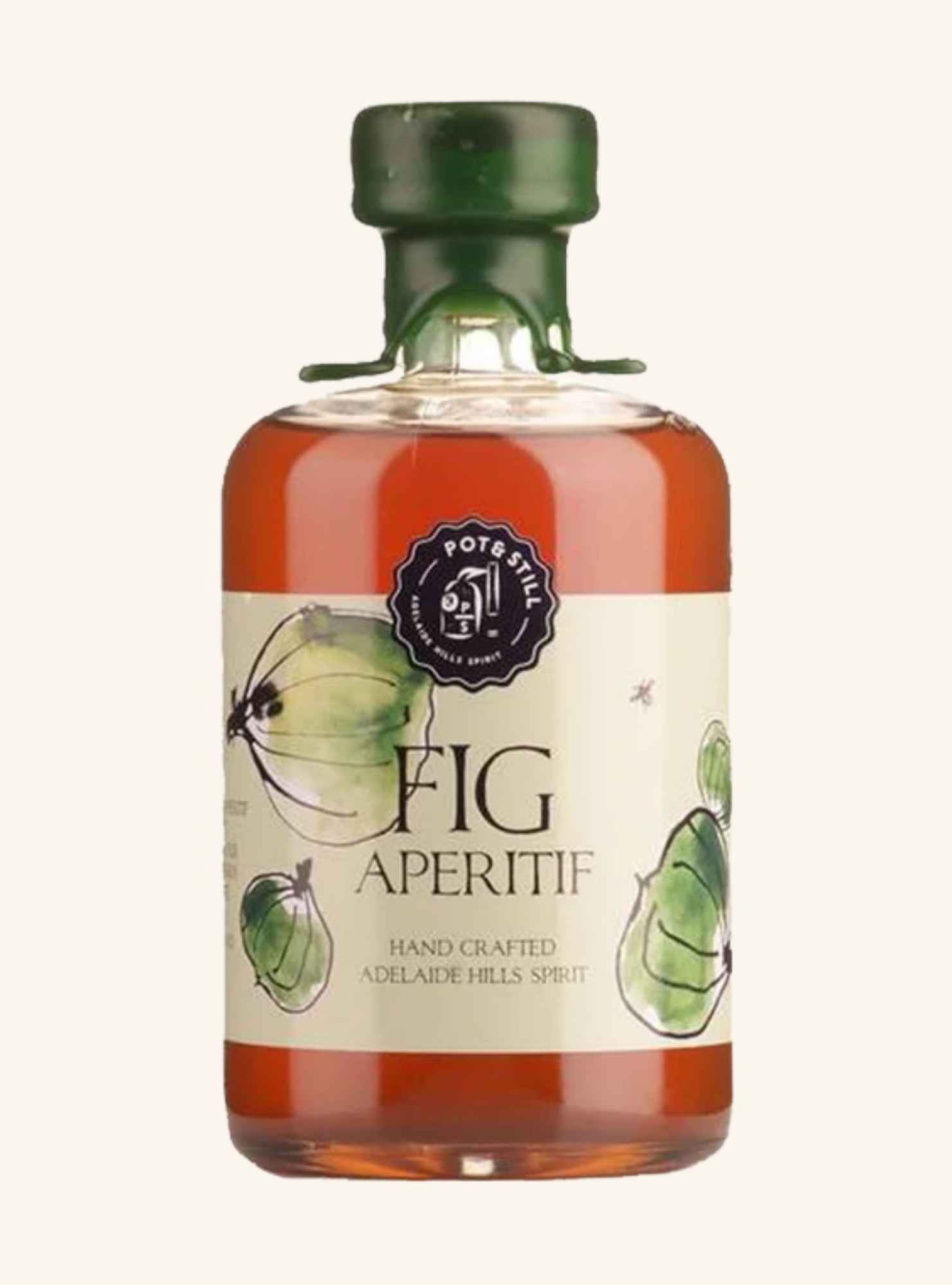 A dark amber gin bottle with a green lid and a colourful label set on an off-white back round.