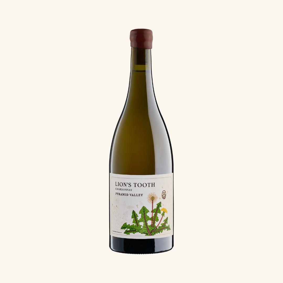 Wine bottle labeled 'Lion's Tooth' Chardonnay Pyramid Valley on a white background