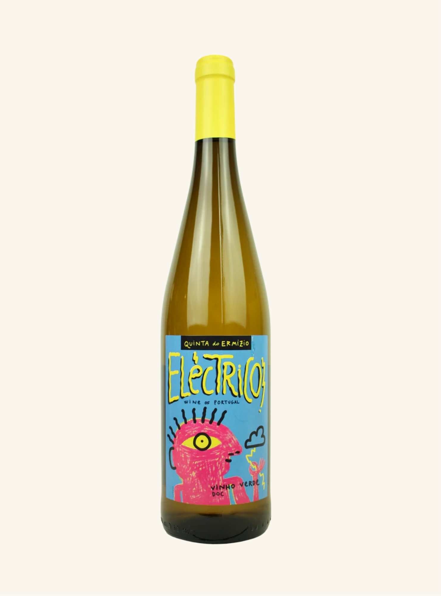 Wine bottle with colorful label branded electrico vinho verde on a white background