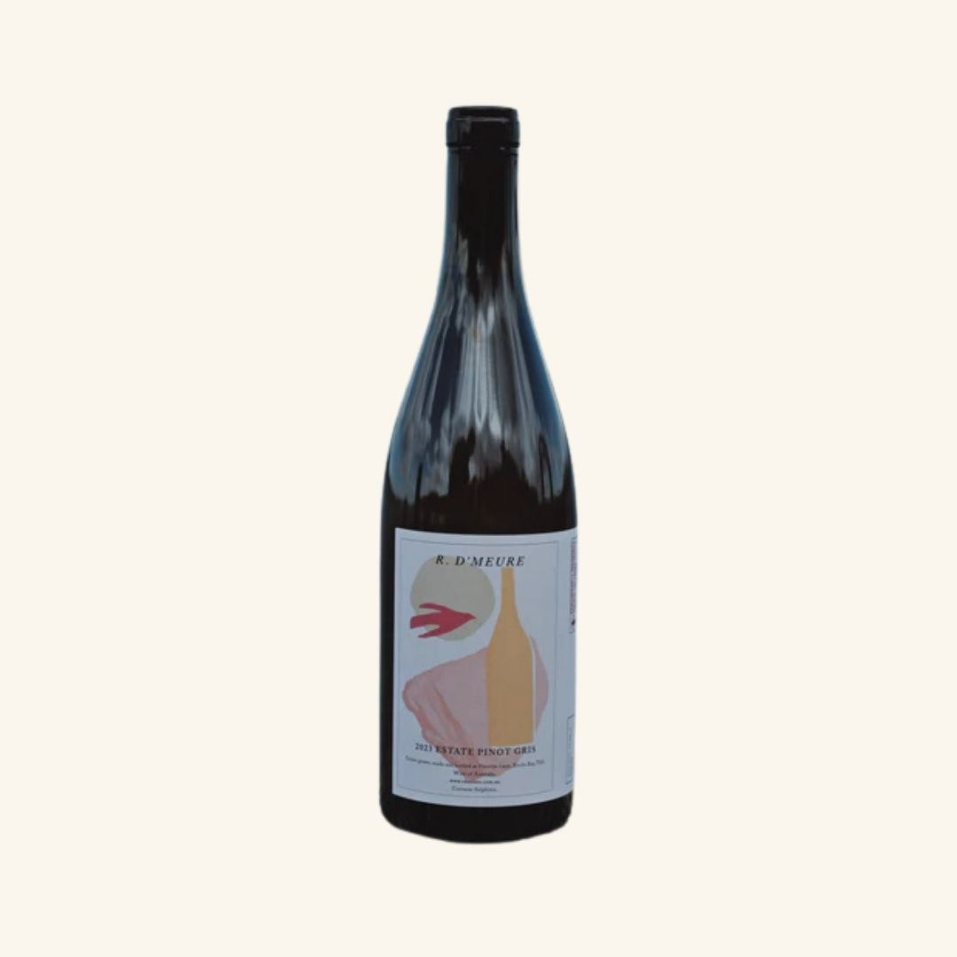 Wine bottle with a label branded R. D'Meure estate pinot gris on a white background